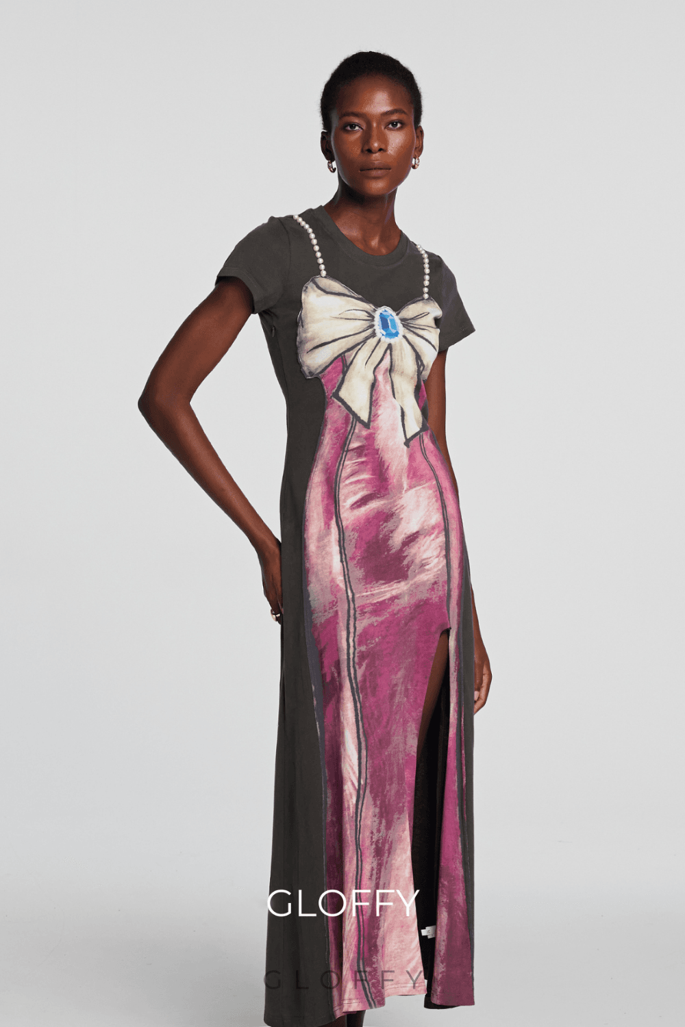 Kylee Desenli Fiyonklu İnci Detaylı Maxi Elbise