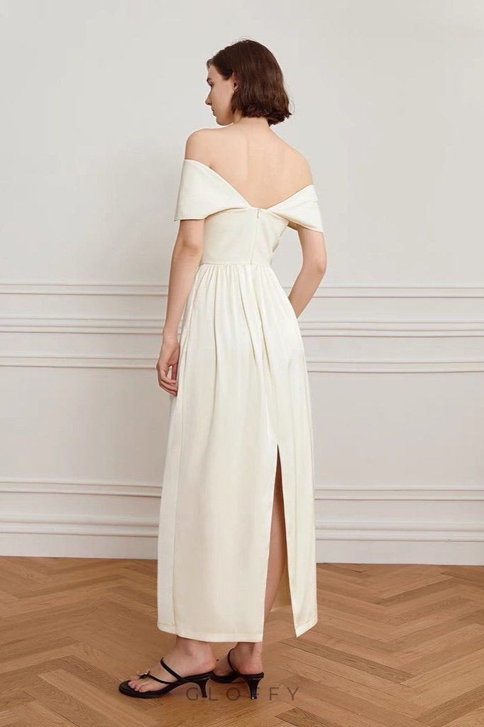 Amelina Omuz Dekolteli Eğri Kesim Maxi Elbise