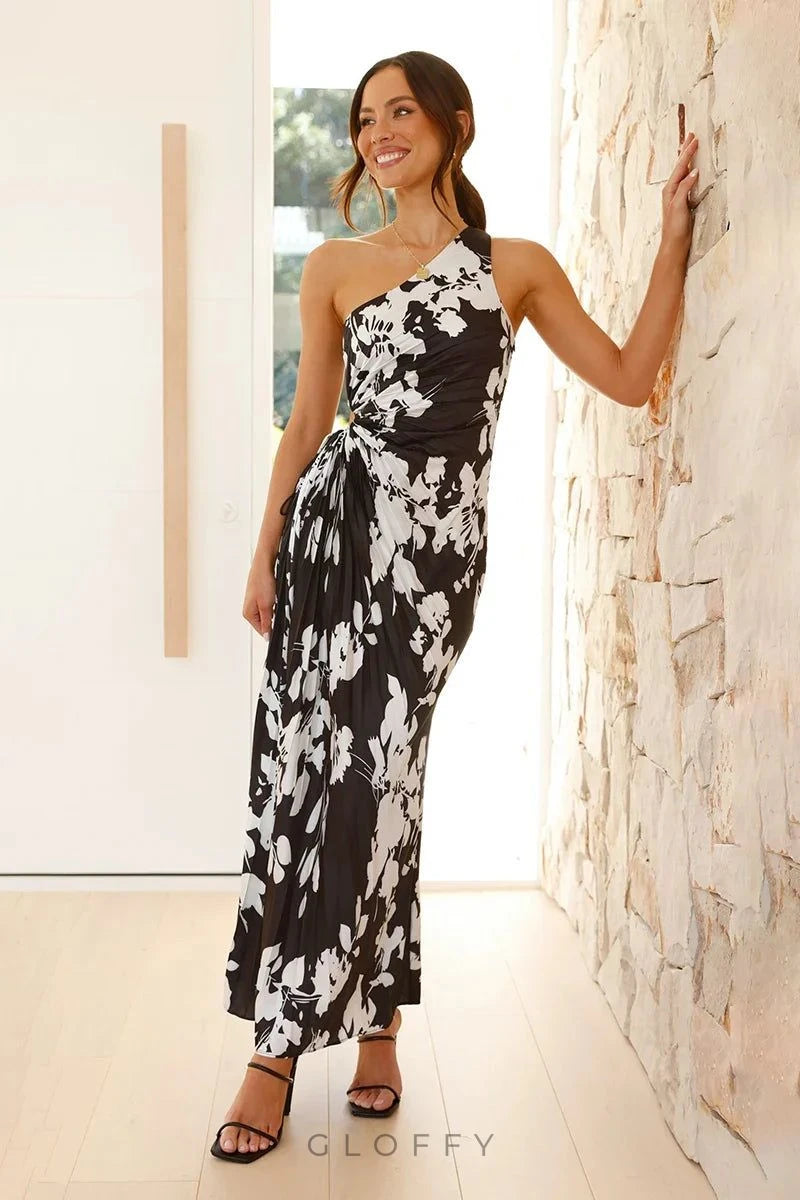 Laken Uzun Elbise - Siyah/Beyaz Çiçek Desenli