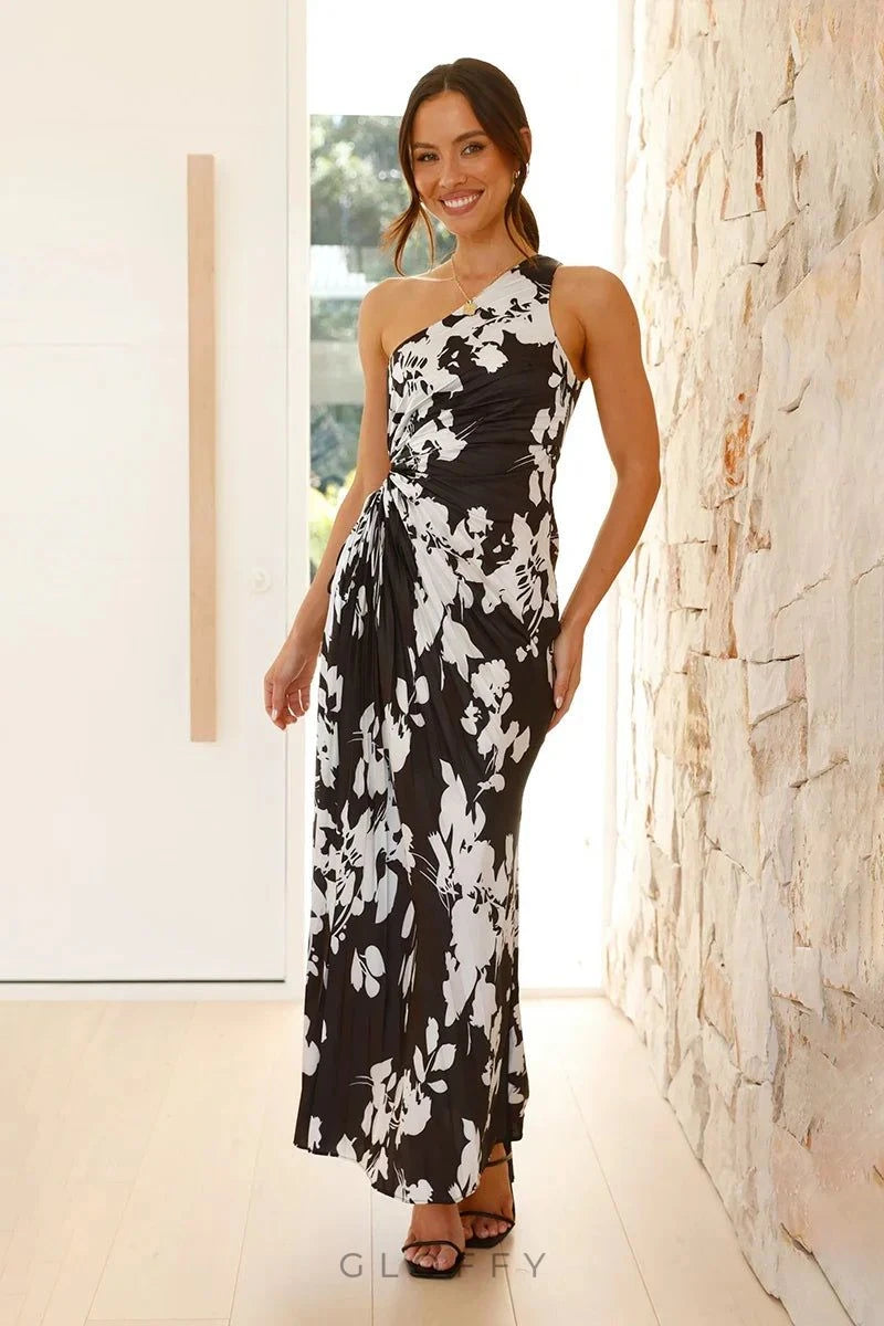 Laken Uzun Elbise - Siyah/Beyaz Çiçek Desenli