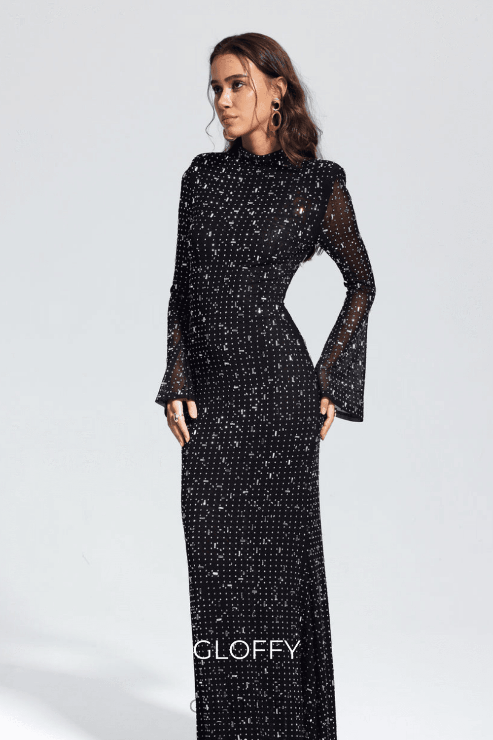 Andie Strasslı Bodycon Uzun Kollu Maxi Elbise