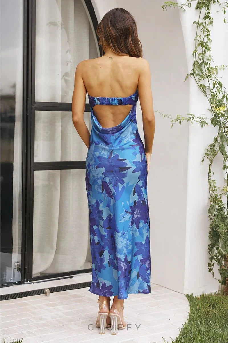 Miya Mavi Çiçekli Maxi Elbise