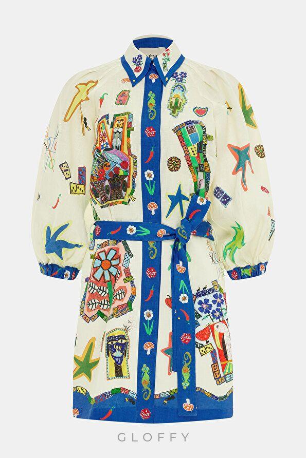 Valence Balon Kol Baskılı Mini Elbise