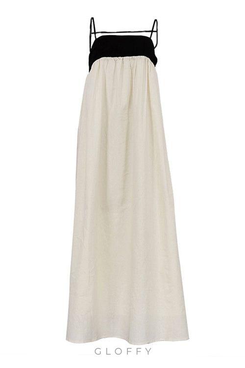 Bol Askılı Siyah Beyaz Patchwork Maxi Elbise