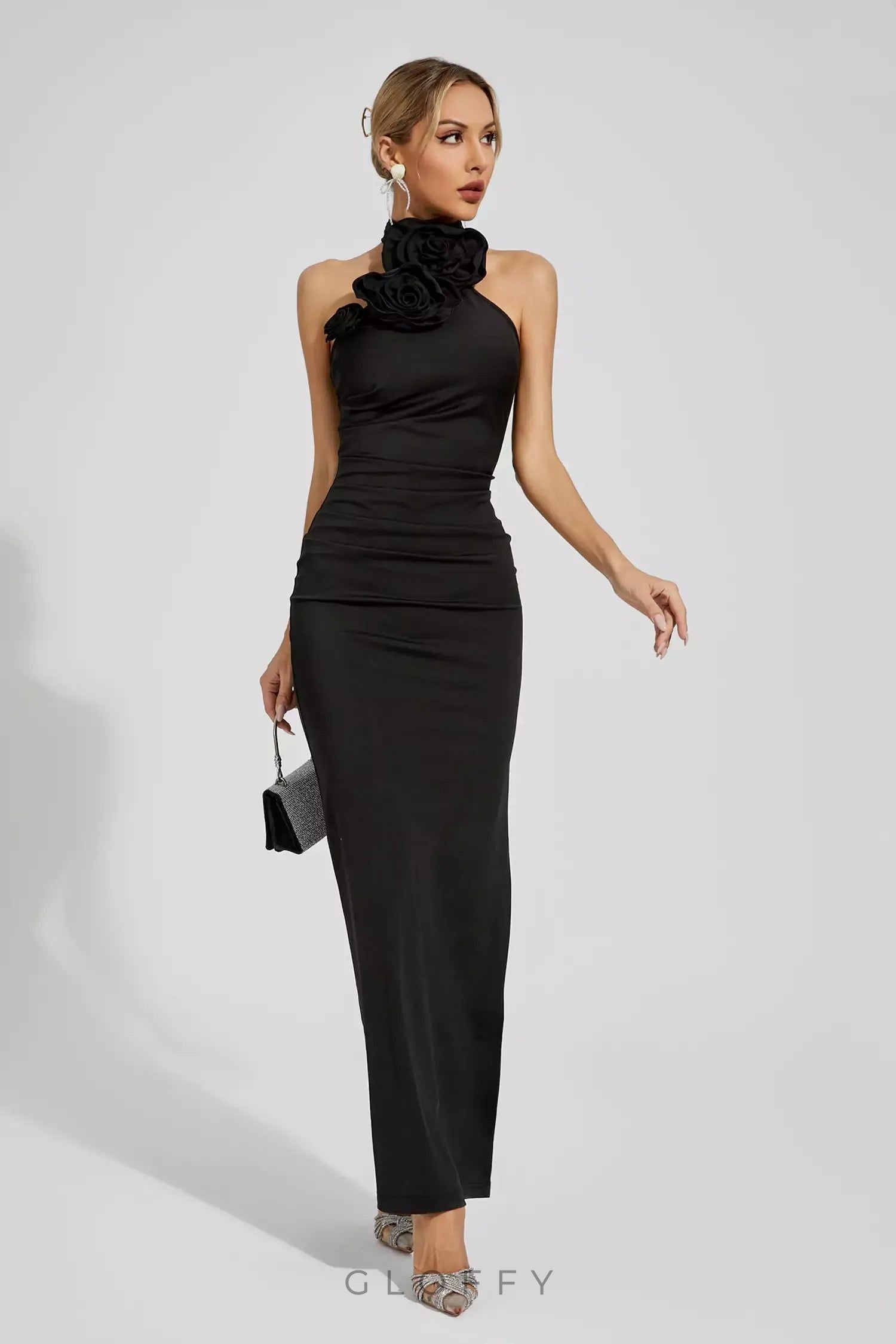 Natalie Kırmızı Çiçek Desenli Büzgülü Halter Maxi Elbise