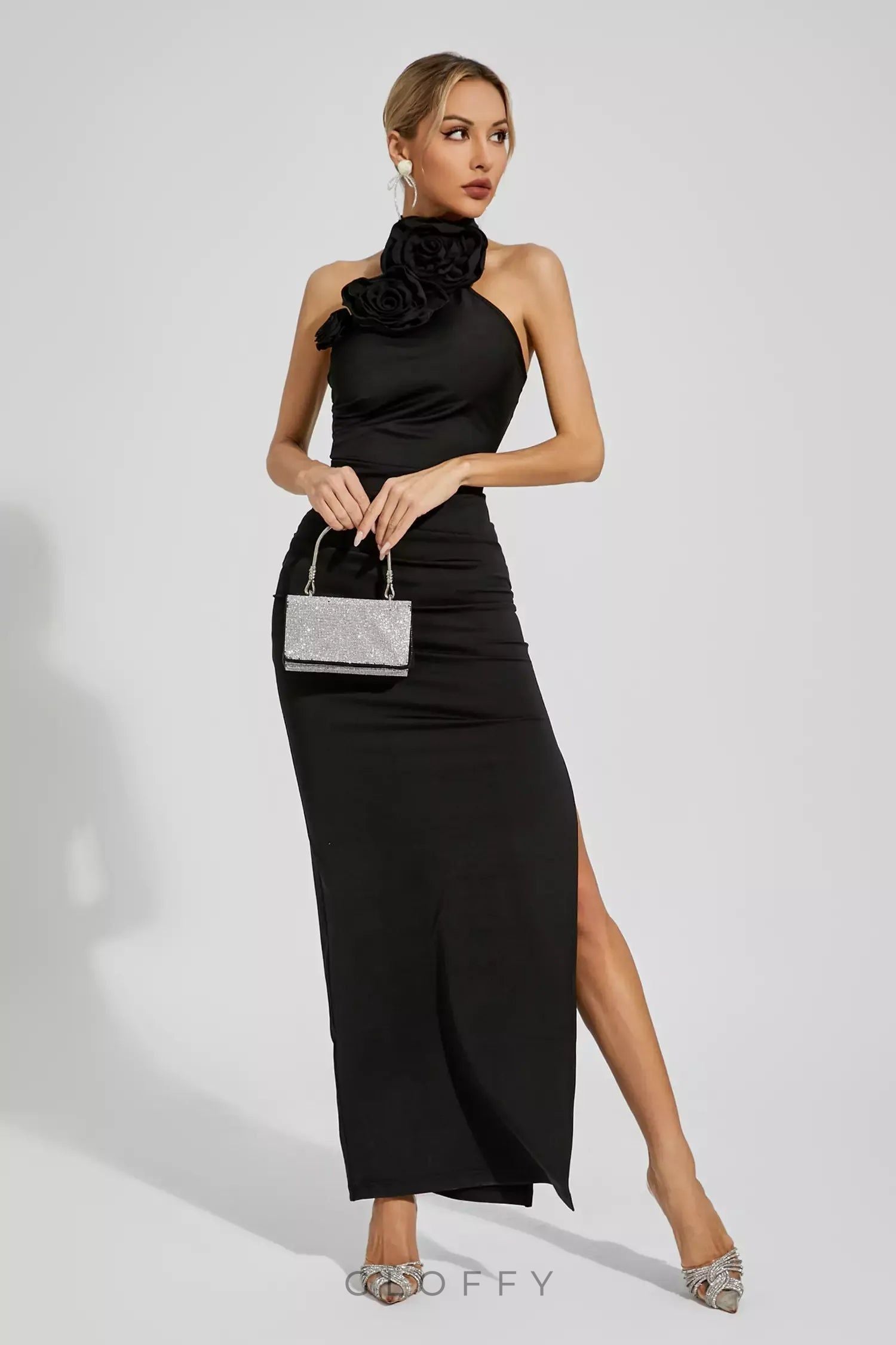 Natalie Kırmızı Çiçek Desenli Büzgülü Halter Maxi Elbise