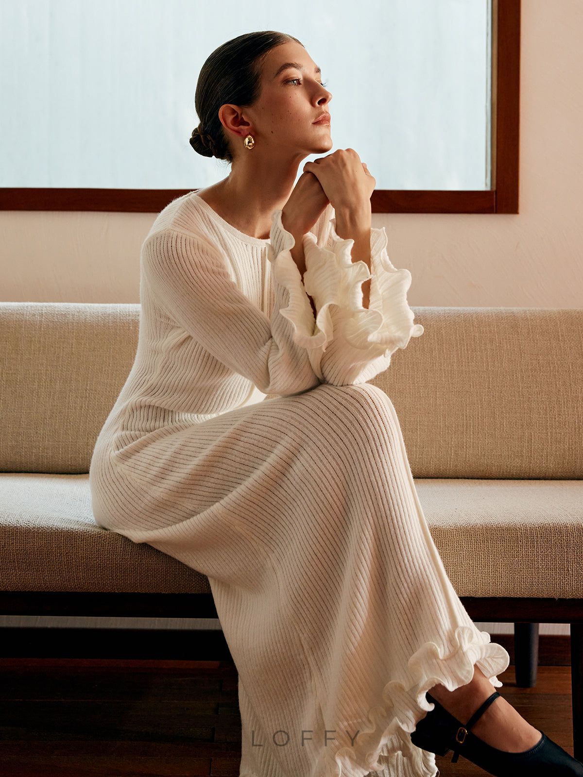 Elowen Biyeli Fırfır Detaylı Triko Maxi Elbise