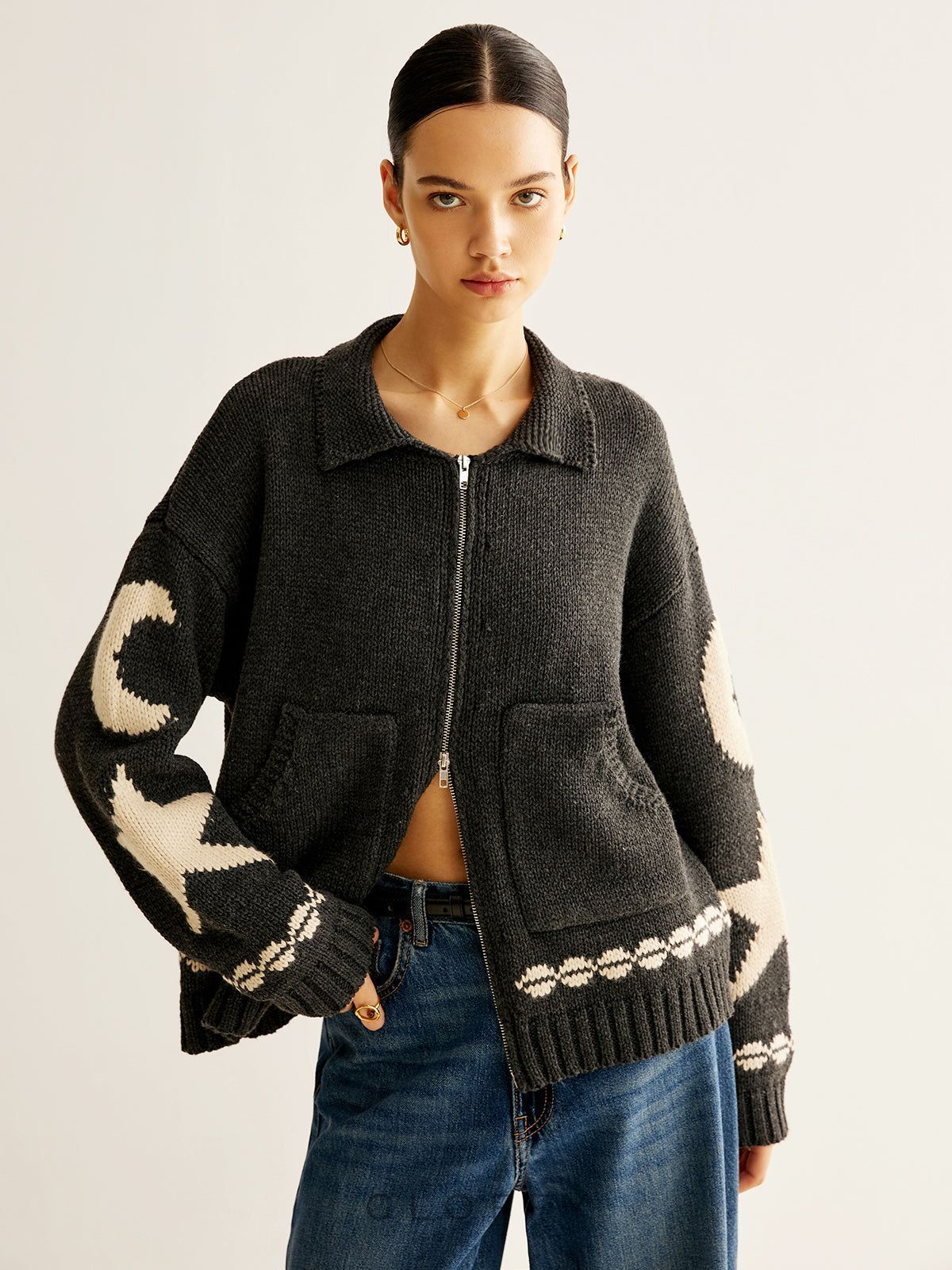 Fermuarlı Desenli Oversize Hırka – Antrasit