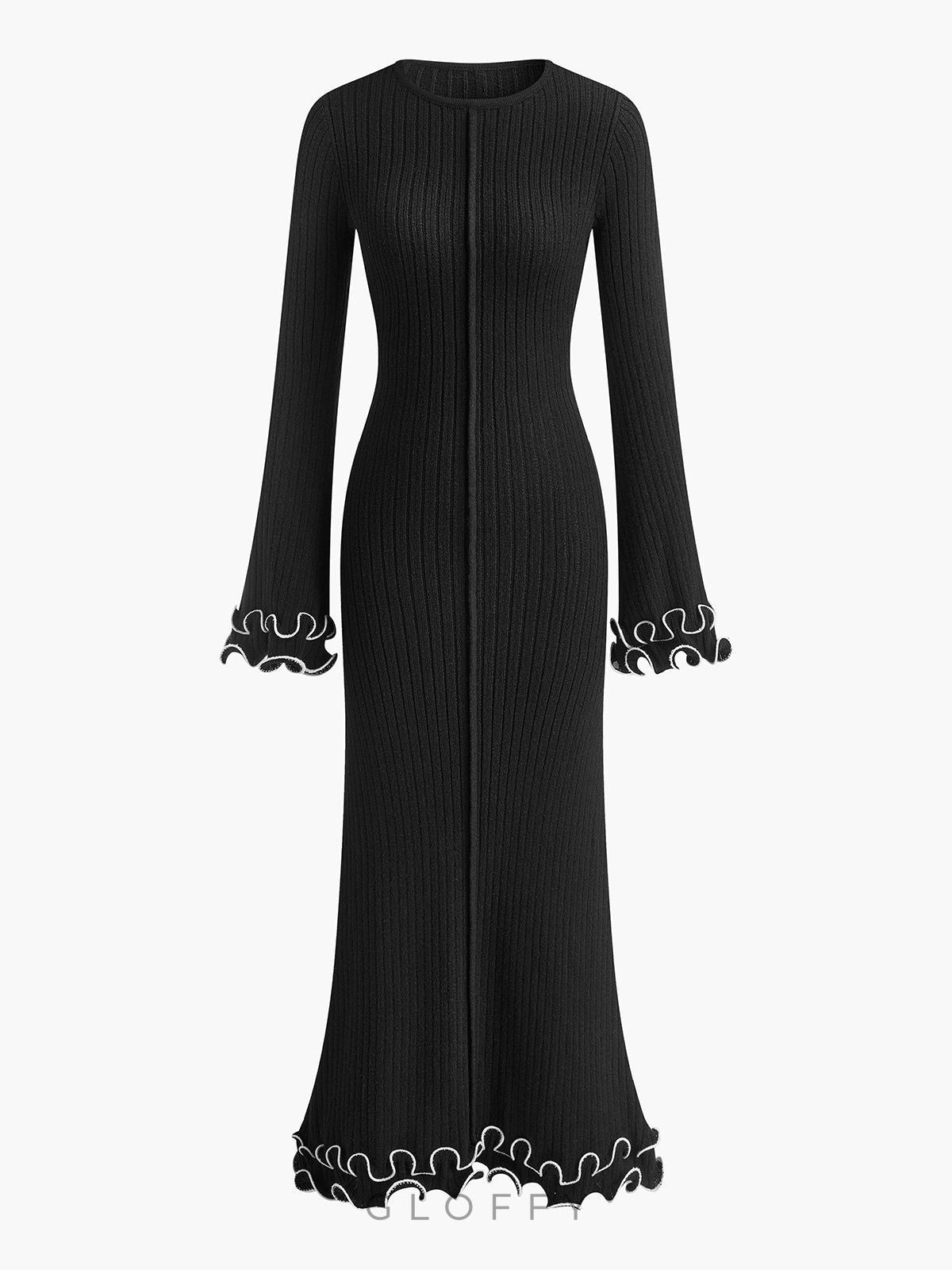 Elowen Biyeli Fırfır Detaylı Triko Maxi Elbise