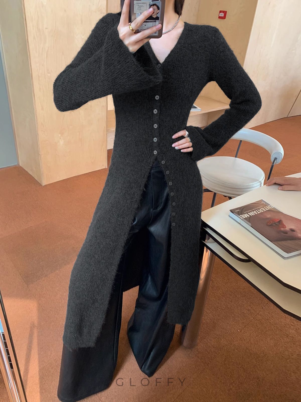 Uzun Düğmeli Triko Hırka – Gri