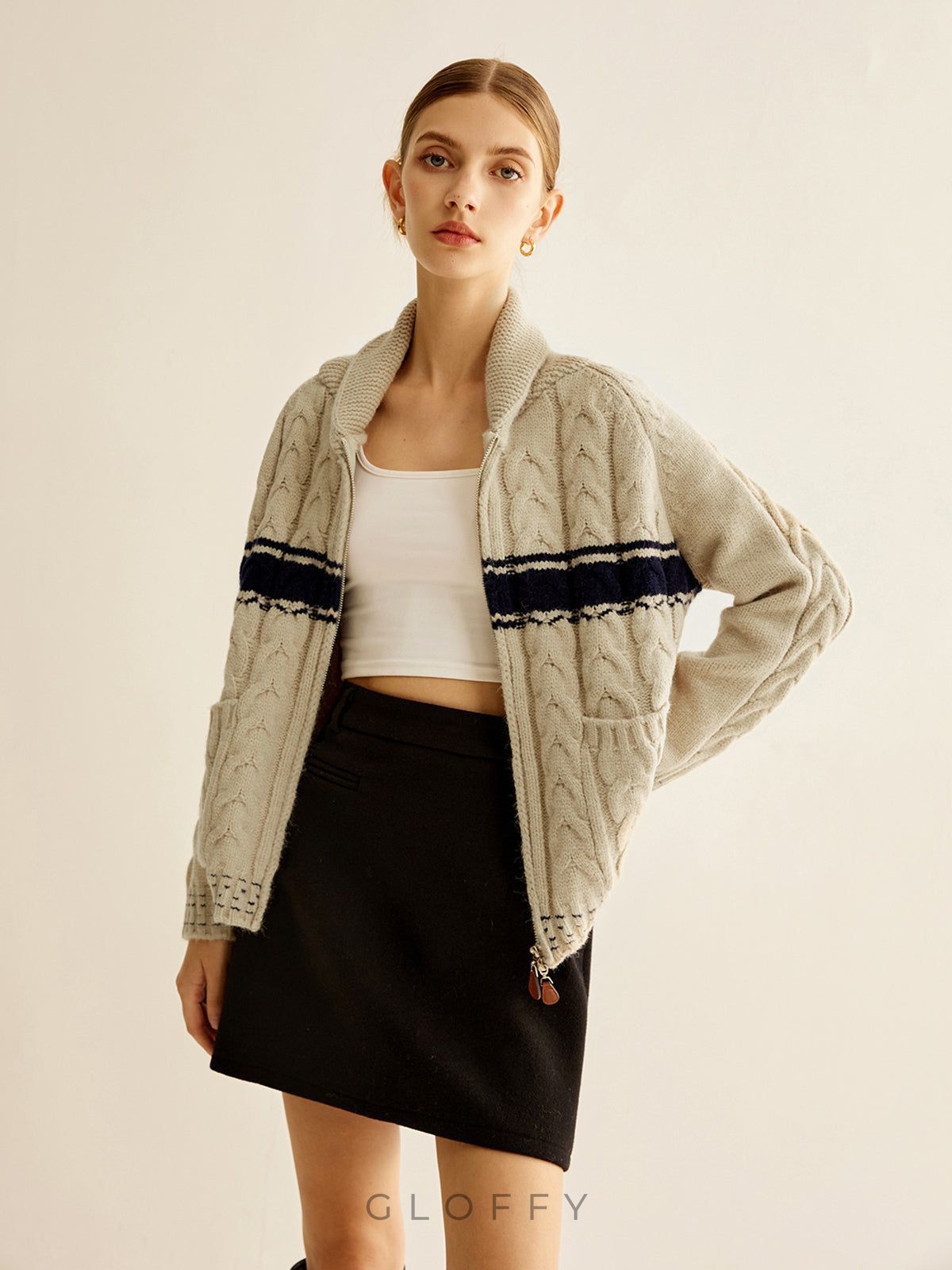 Fermuarlı Örgü Hırka - Bej Lacivert