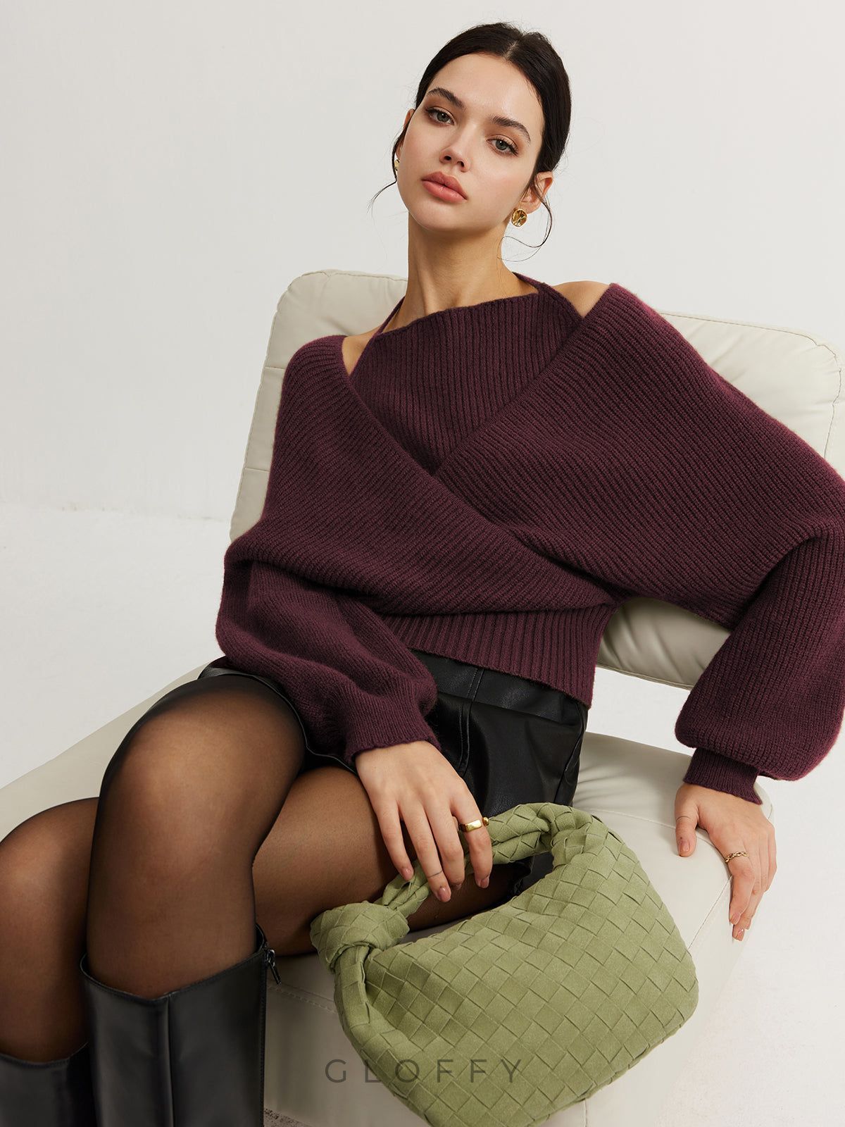 Oversize V Yakalı Kolları Balon Triko Kazak – Haki