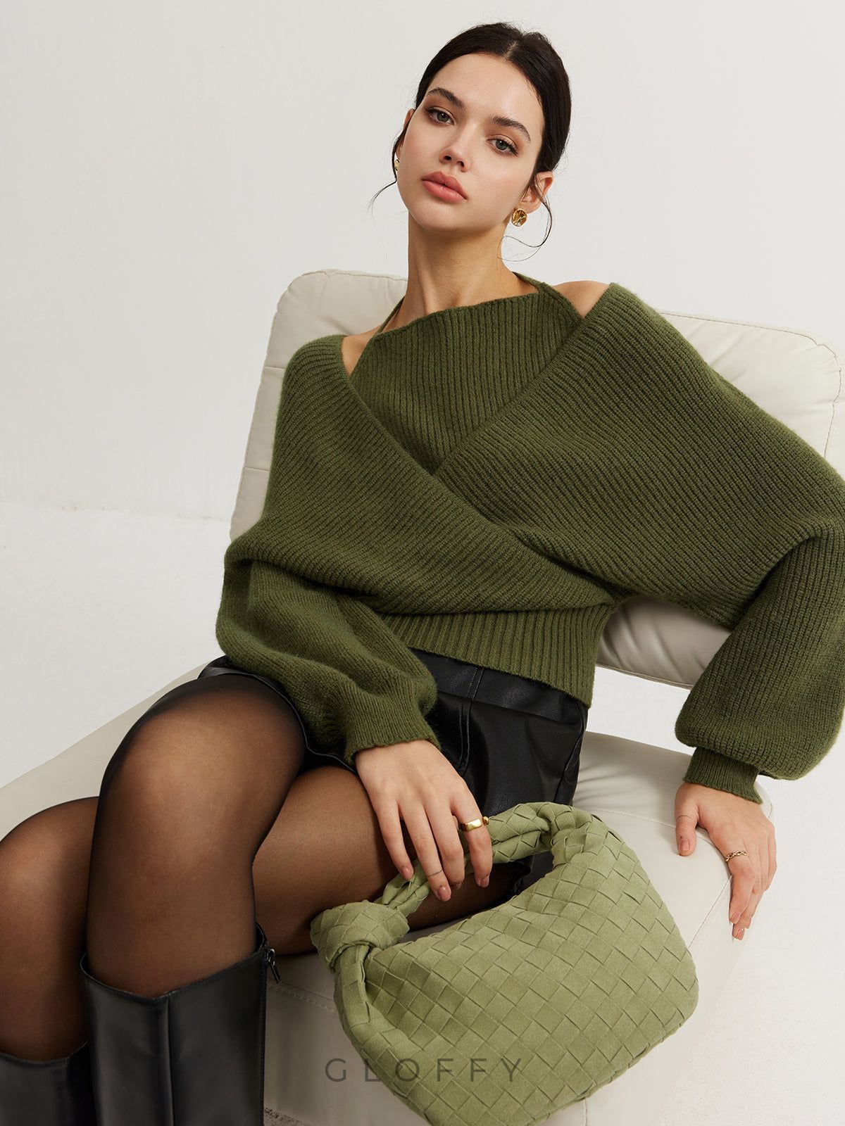 Oversize V Yakalı Kolları Balon Triko Kazak – Haki