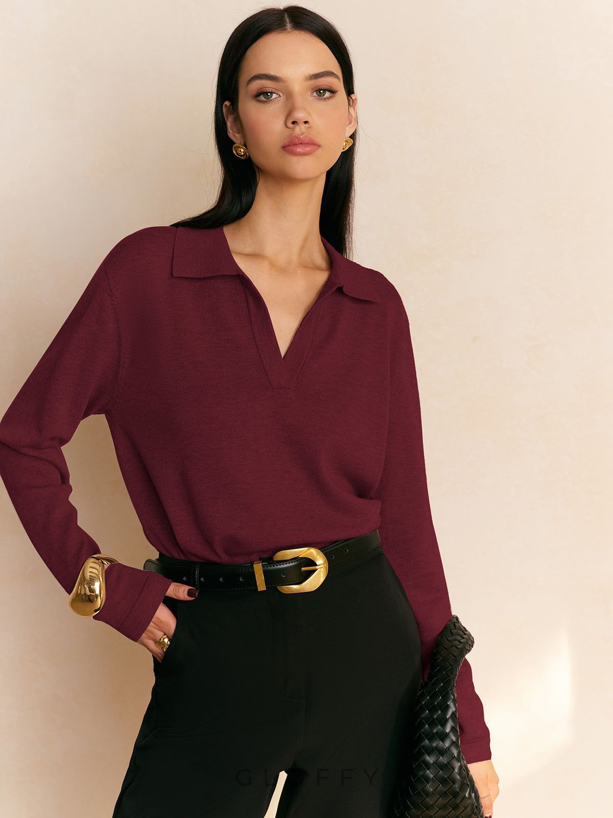 V Yaka Polo Yaka İnce Triko Kazak – Vizon