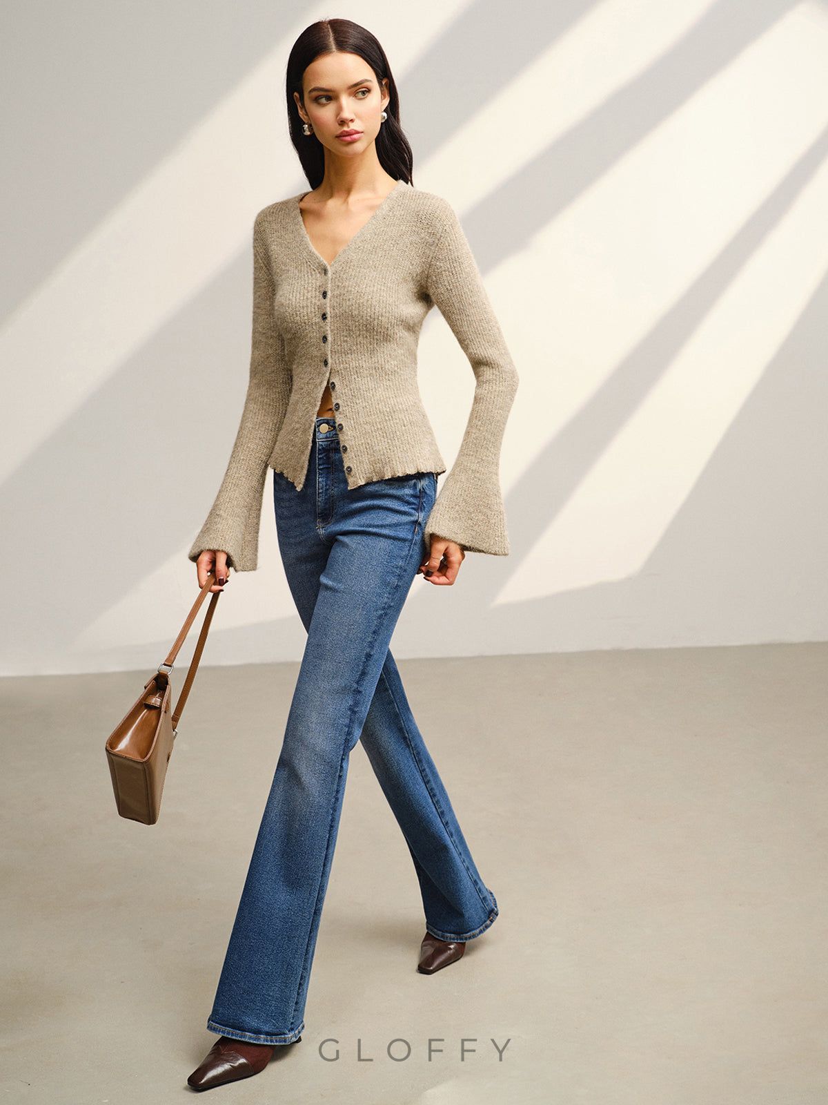 V Yaka İspanyol Kol Düğmeli Hırka – Vizon