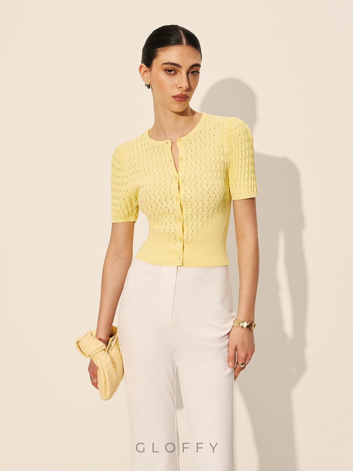 Düğmeli Ajurlu Kısa Kollu Triko Bluz – Sarı