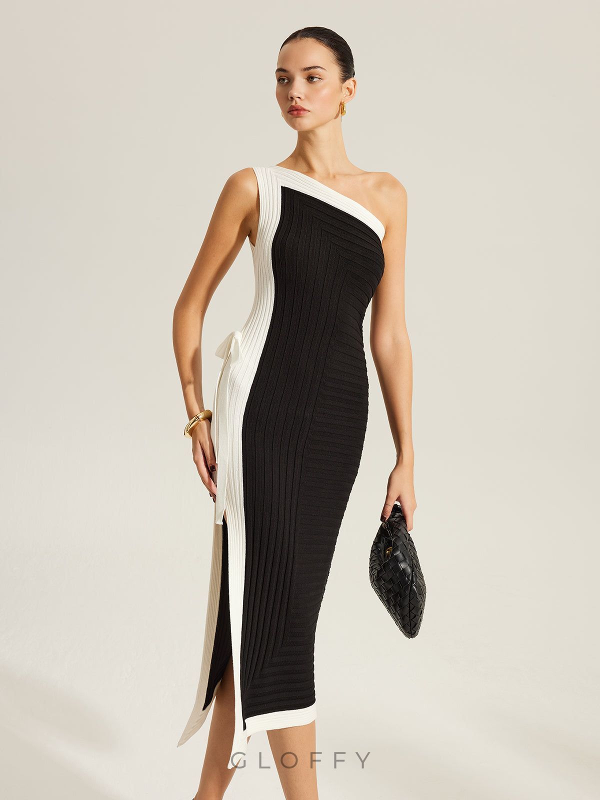 Tek Omuzlu Asimetrik Kesim Triko Elbise – Siyah