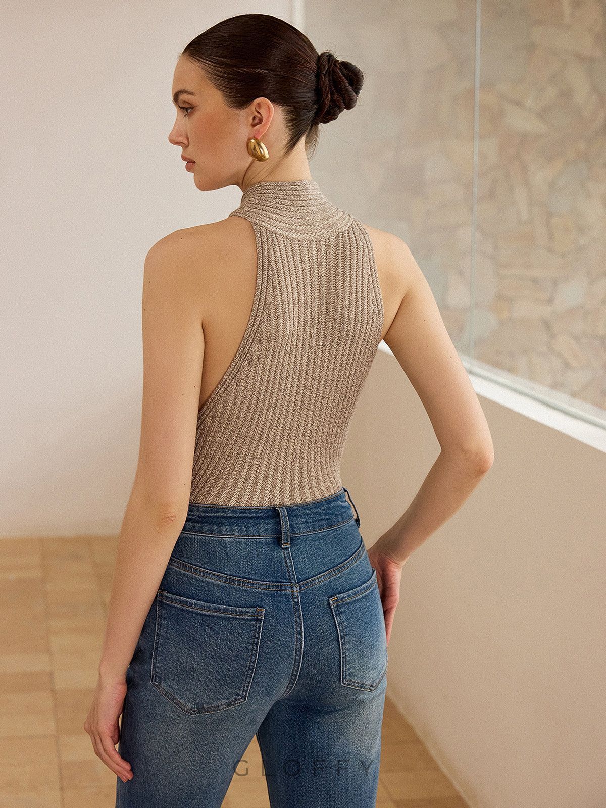 Askılı Fitilli Örme Halter Yaka Triko Bluz – Bej