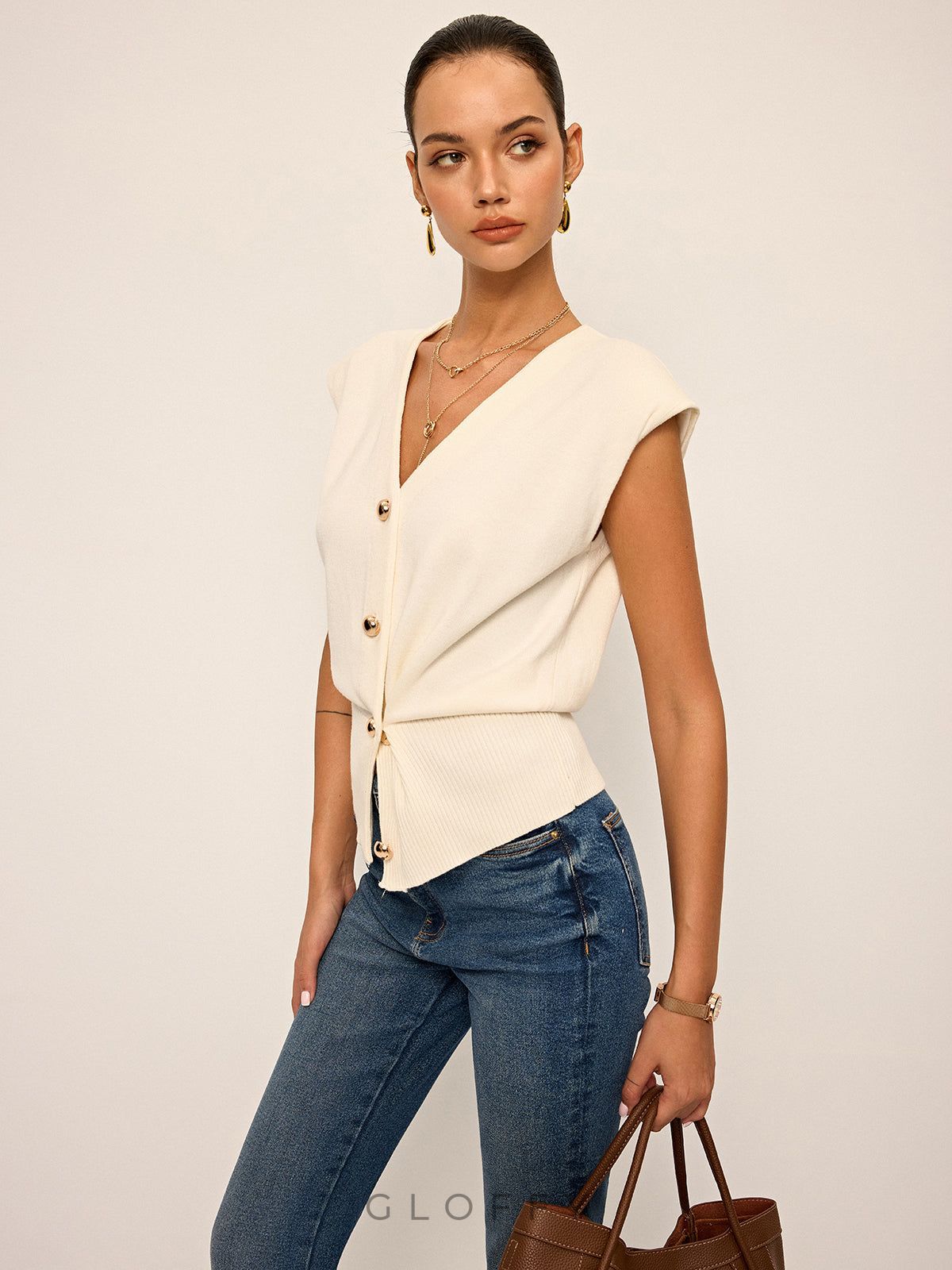 Düğmeli Yarım Kollu Ribanalı Triko Yelek – Ekru