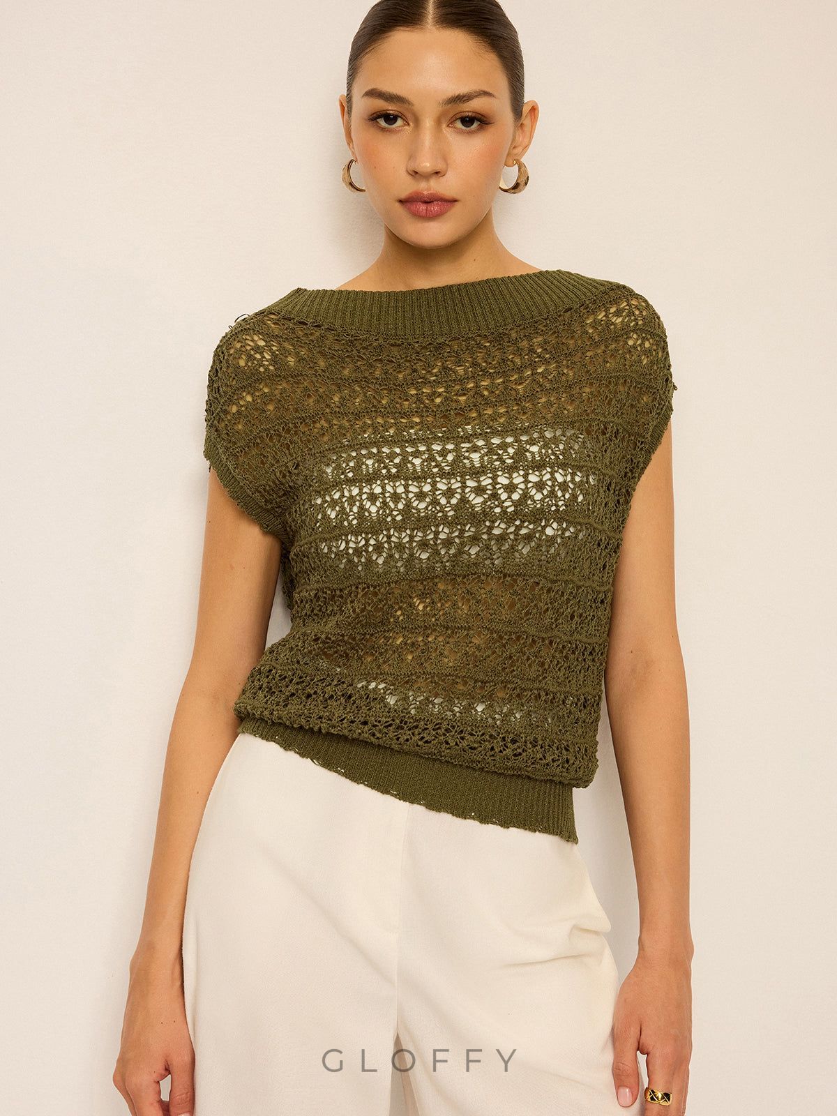 Dantel Örgü Kayık Yaka Triko Bluz – Haki