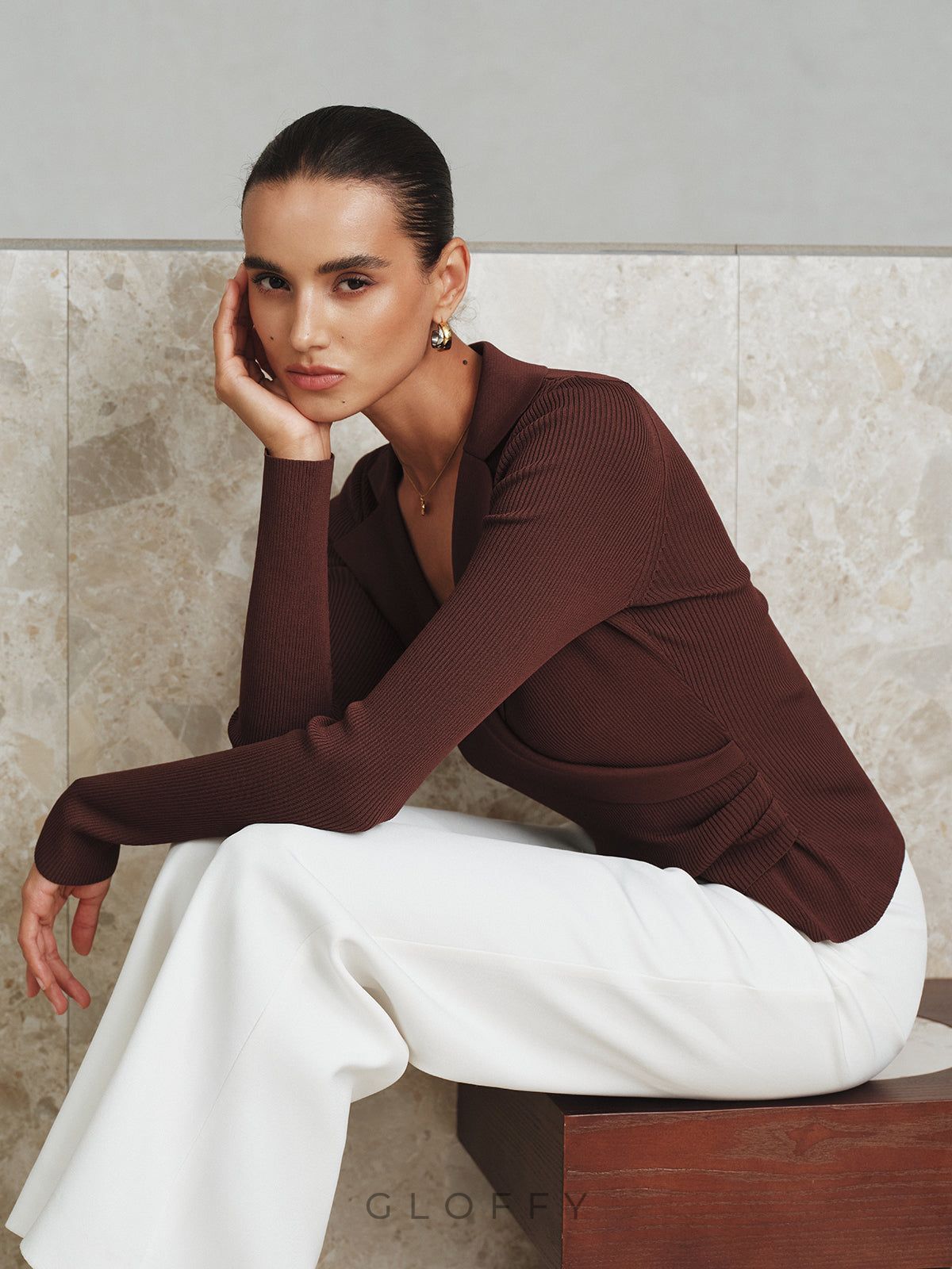 V Yaka Kruvaze Fitilli Triko Bluz – Kahverengi