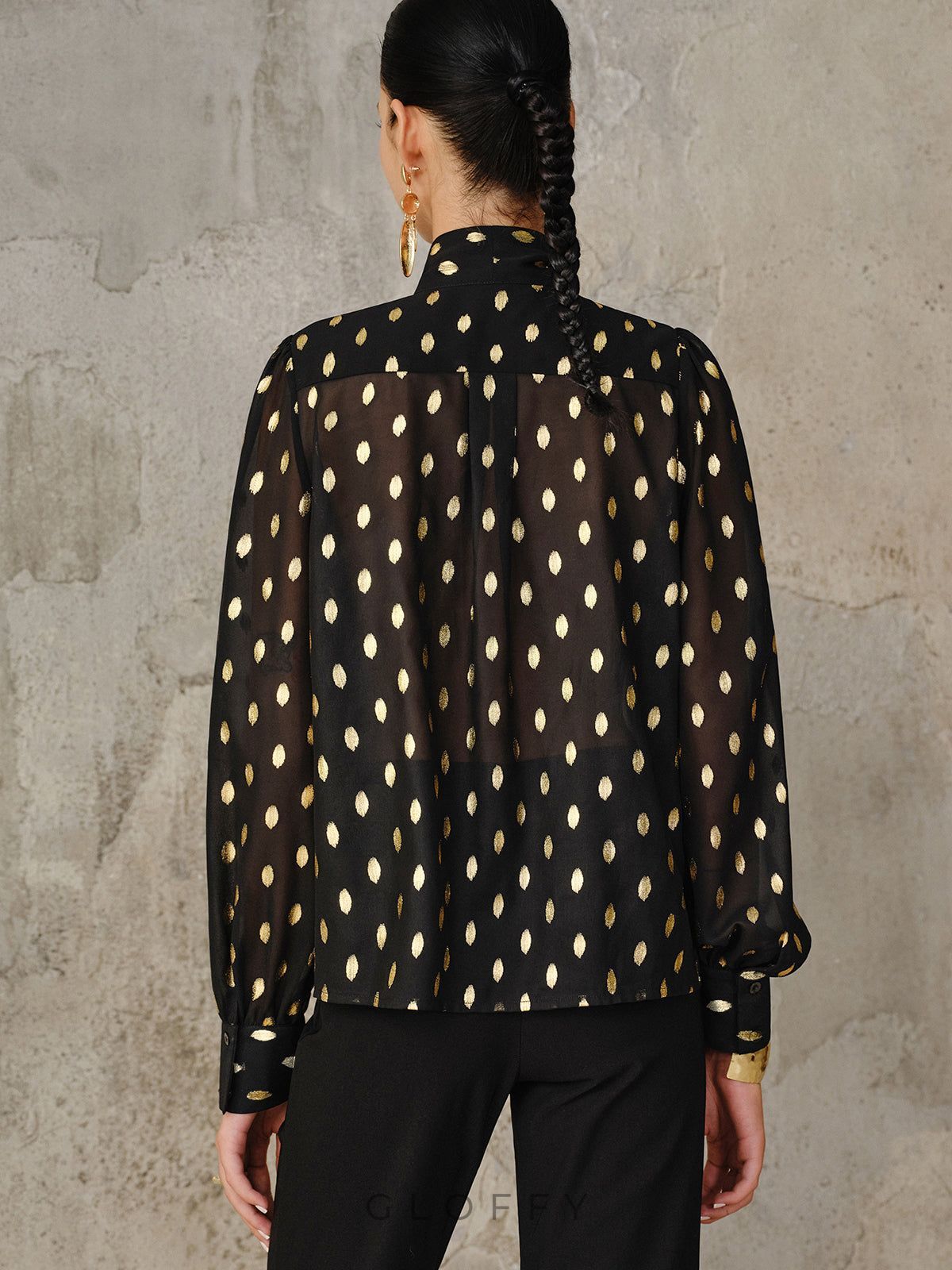 Puantiyeli Kurdele Yaka Yarı Transparan Bluz