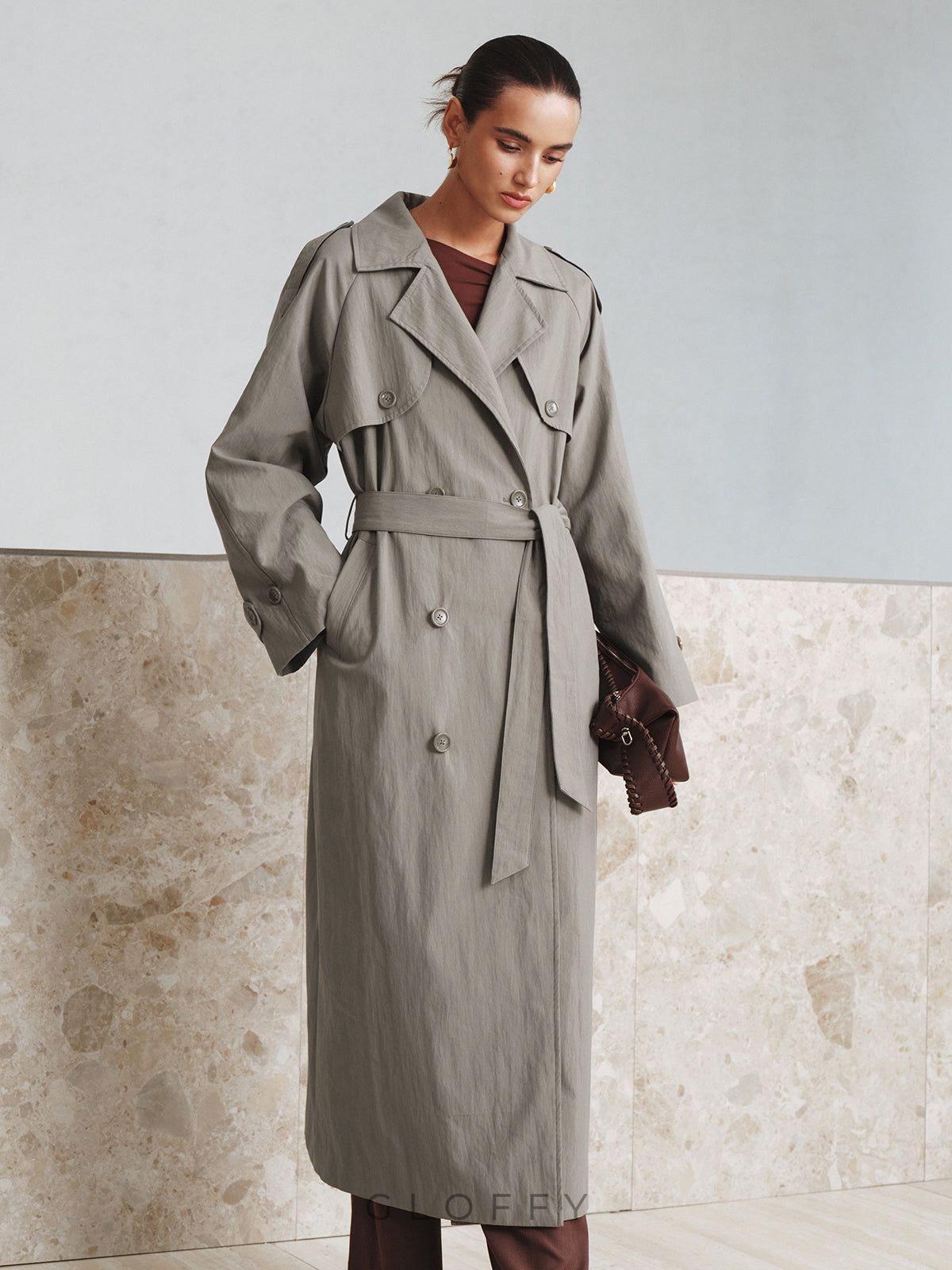 Kumaş Oversize Uzun Trençkot Kemeriyle