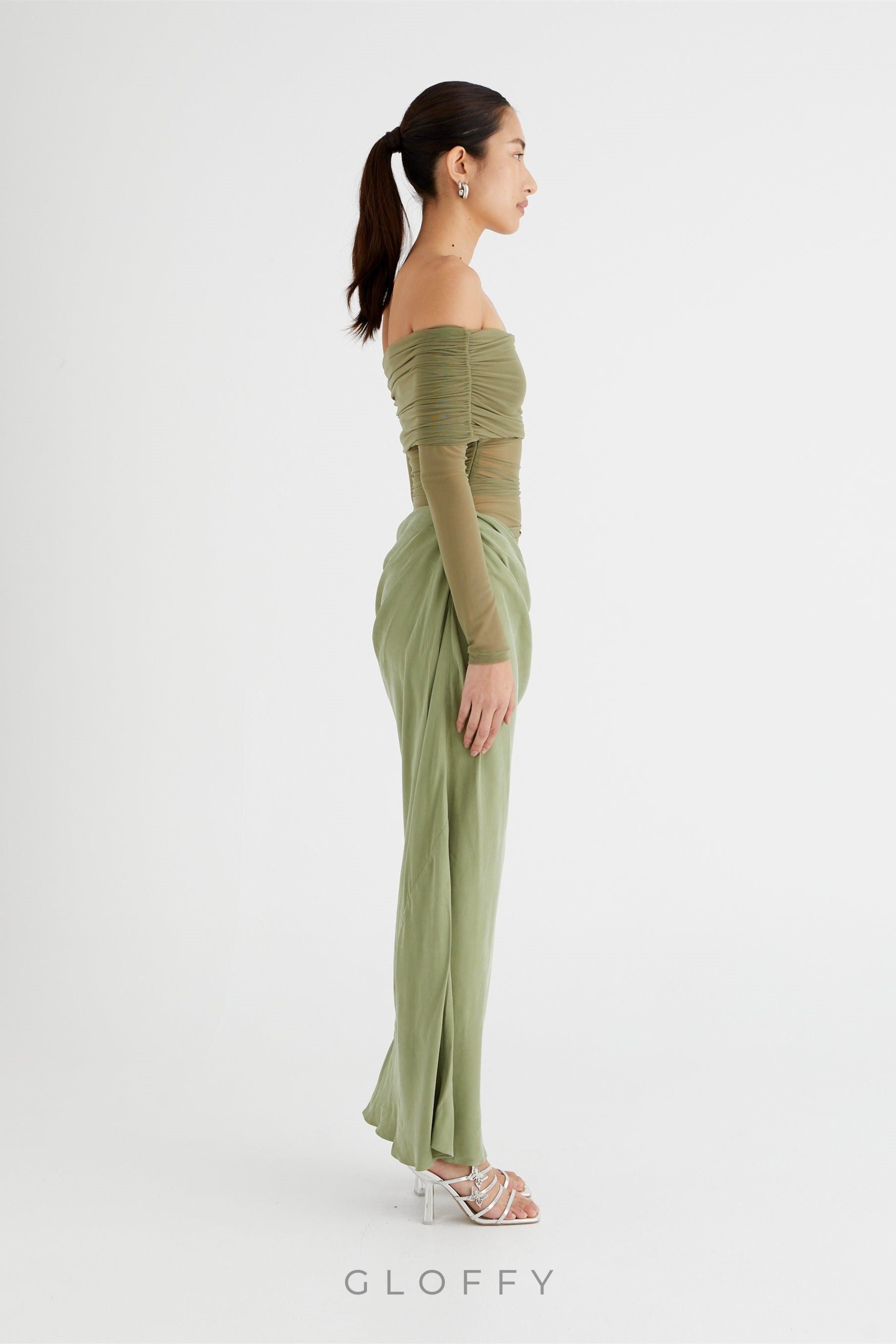 Lillian Omuz Açık Şeffaf Uzun File Elbise