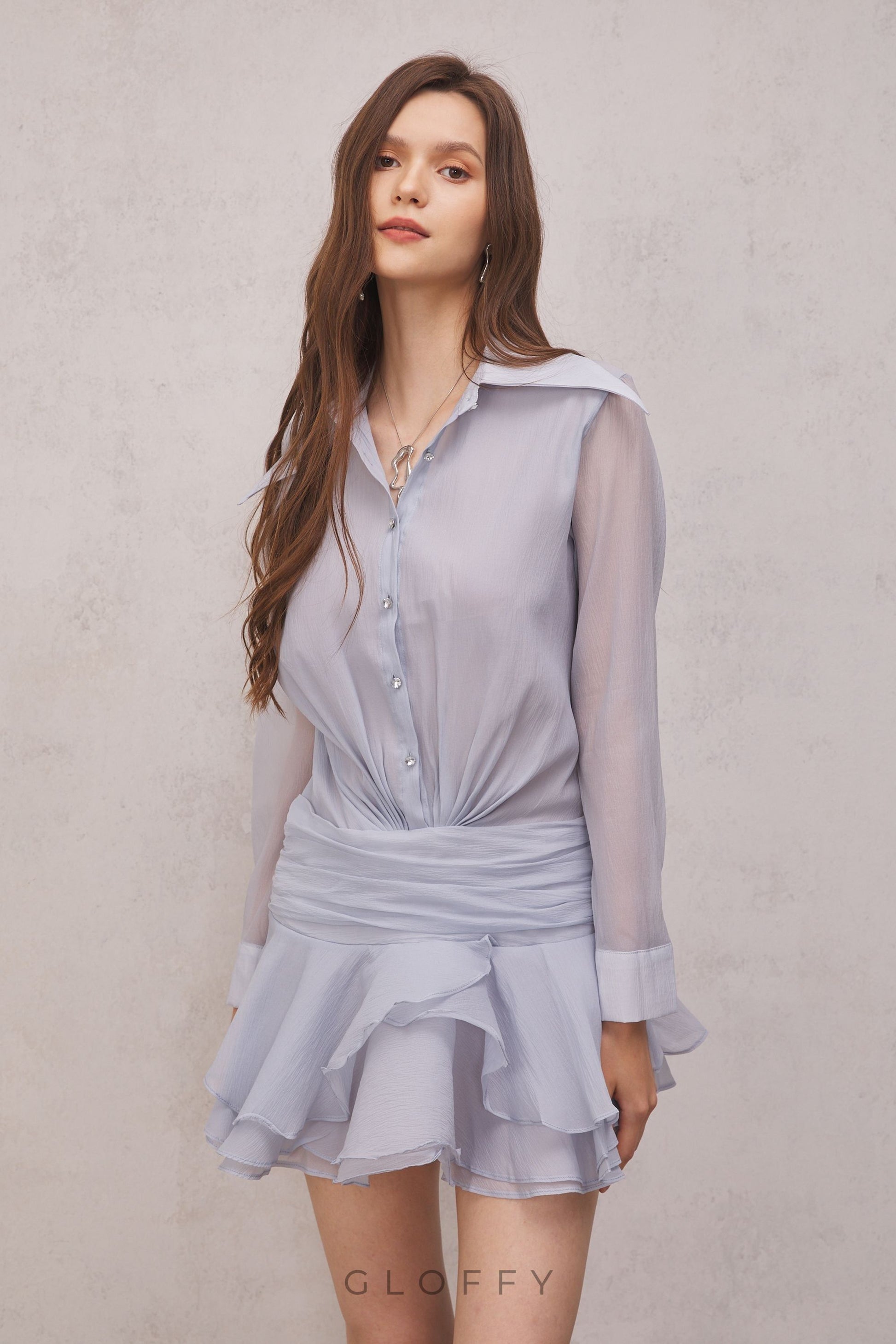 Brinley Pileli Volanlı Mini Elbise Açık Mavi