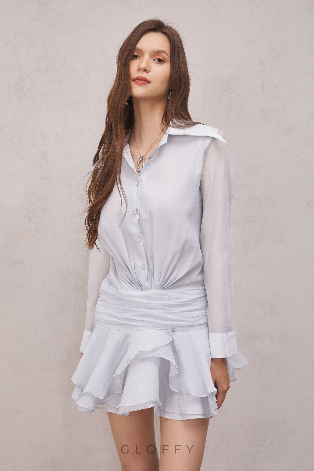 Brinley Pileli Volanlı Mini Elbise Açık Mavi