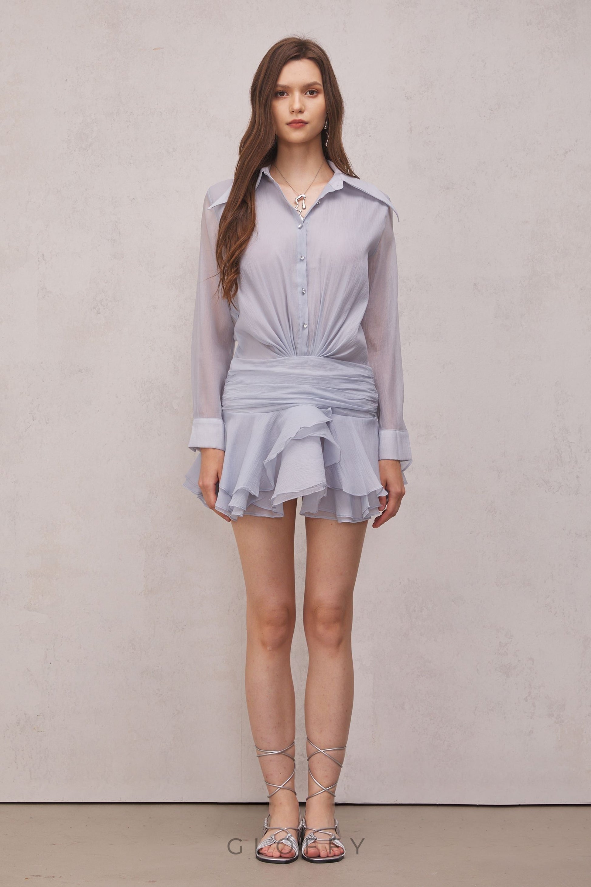 Brinley Pileli Volanlı Mini Elbise Açık Mavi