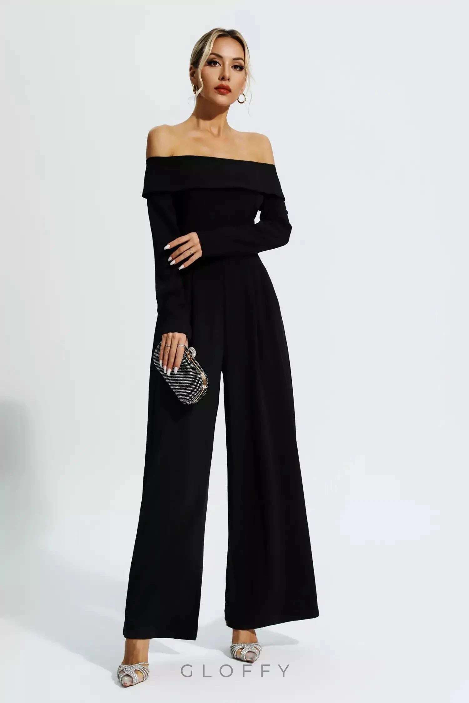 Cassidy Siyah Off-Shoulder Drapeli Tulum
