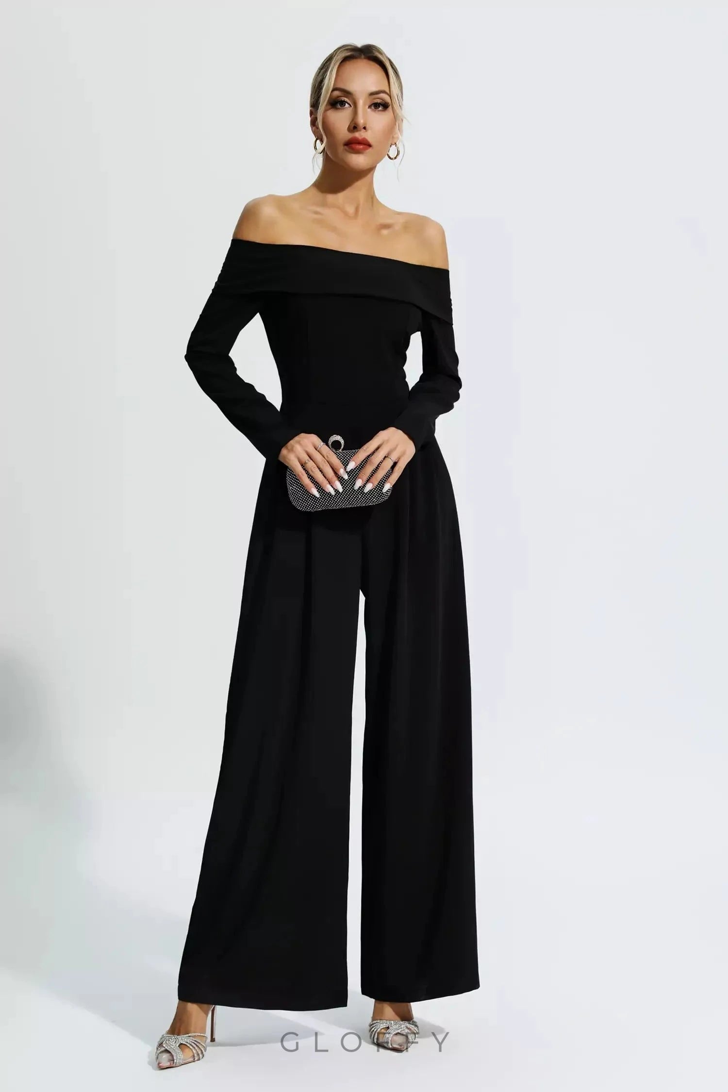 Cassidy Siyah Off-Shoulder Drapeli Tulum