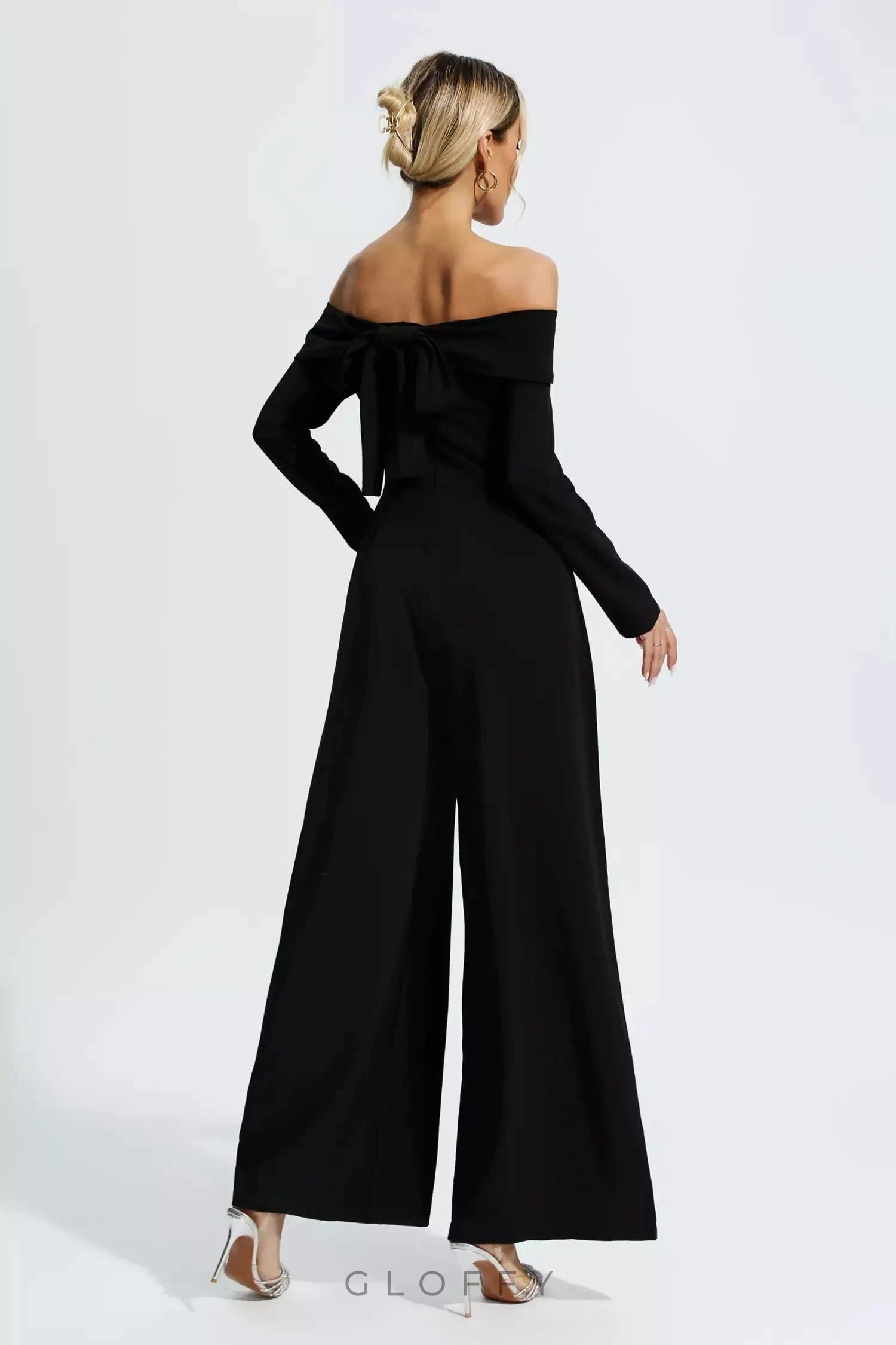Cassidy Siyah Off-Shoulder Drapeli Tulum
