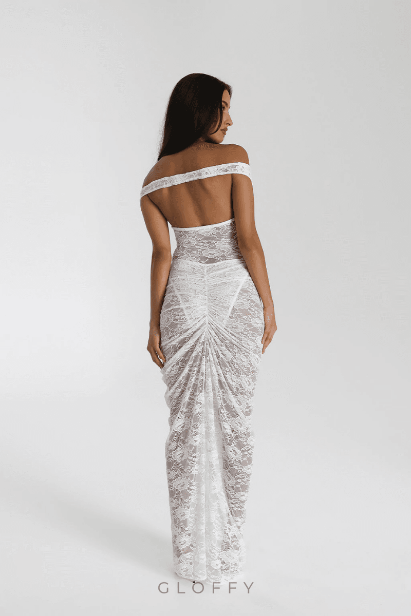 Christelle Omuz Açık Dantel Etek Takımı Beyaz