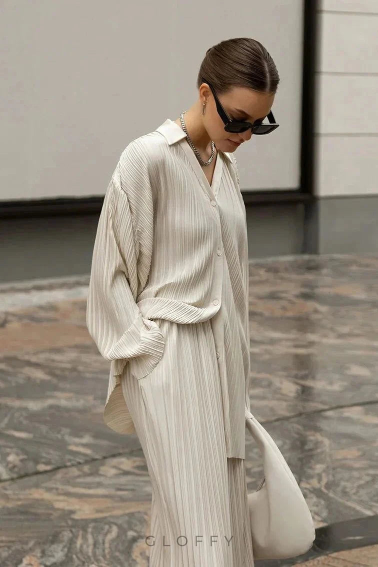 Düz Renk Pileli Uzun Kollu Pantolon Takımı