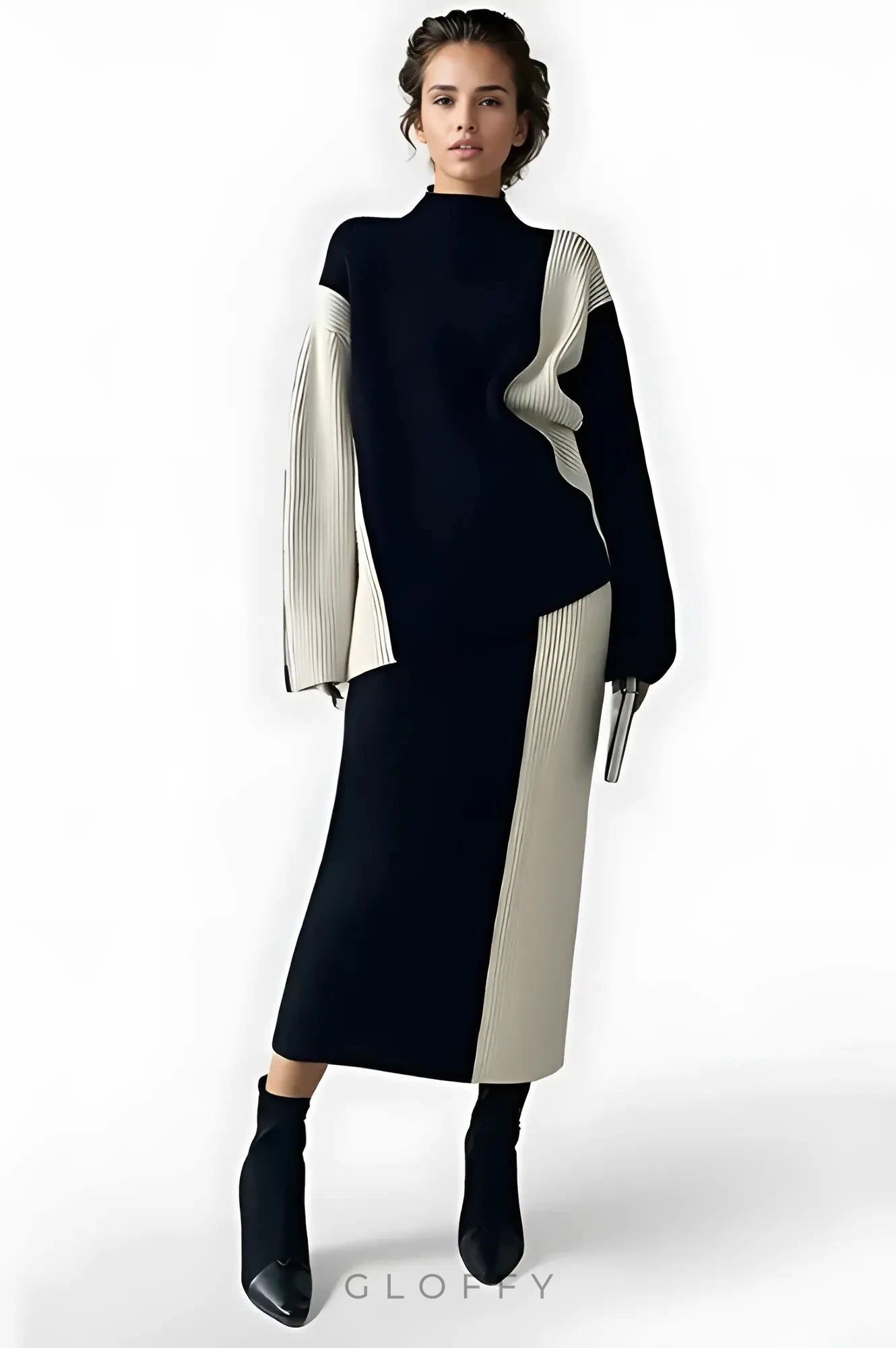 Amara Monokrom Kontrast Bluz ve Etek Takımı