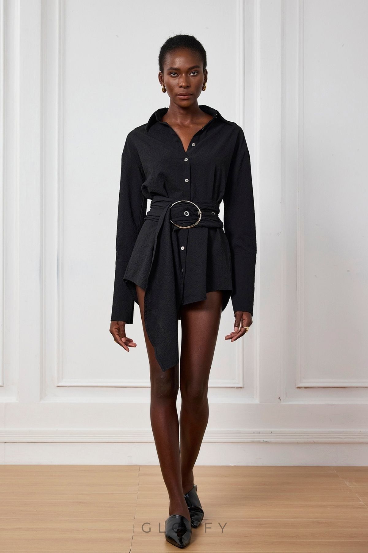 Kimora Tokalı Pileli Gömlek Mini Elbise