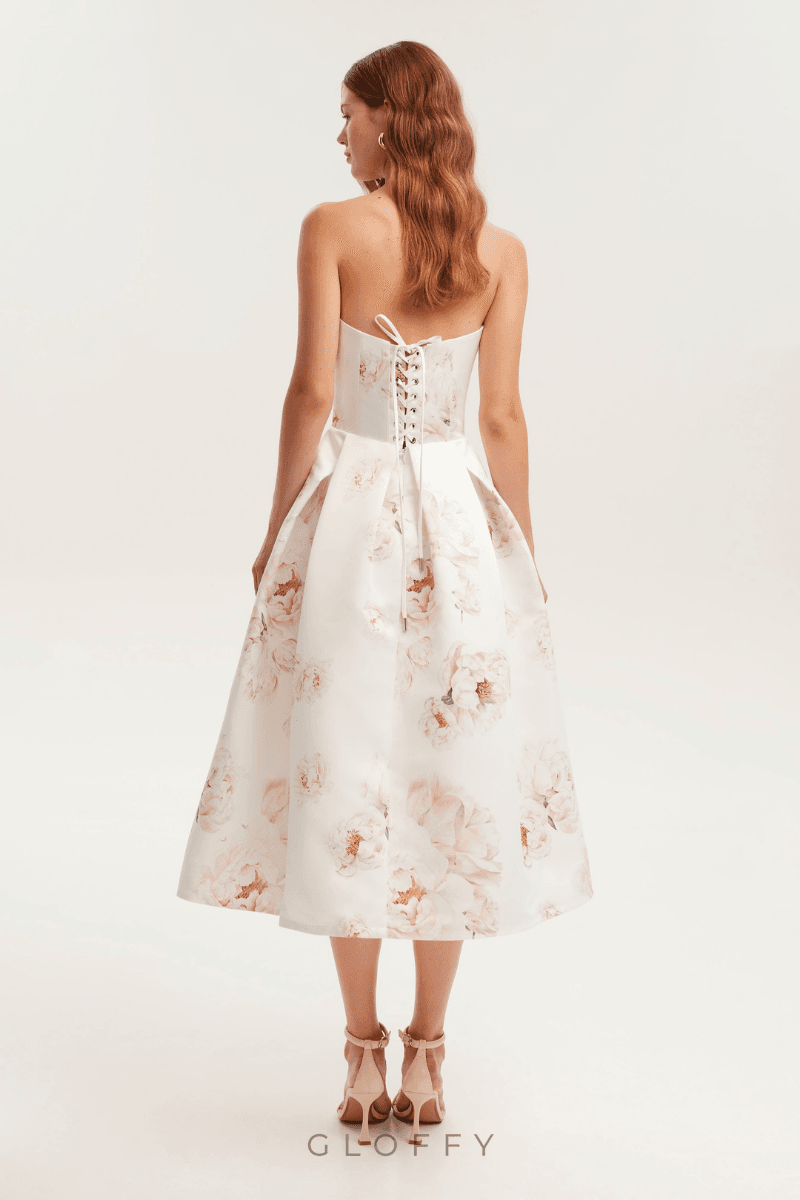 Florencia Straplez Çiçek Desenli Midi Elbise