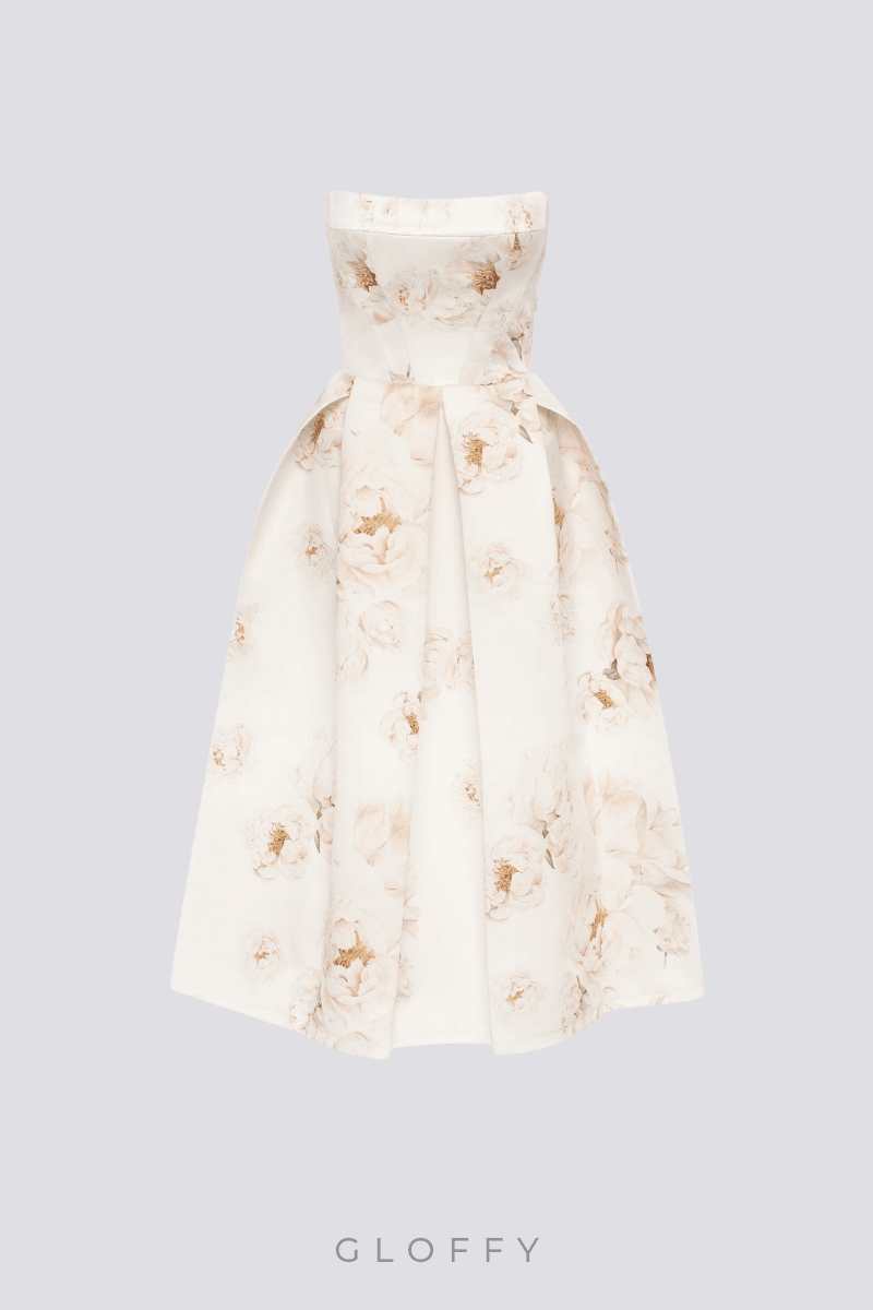 Florencia Straplez Çiçek Desenli Midi Elbise