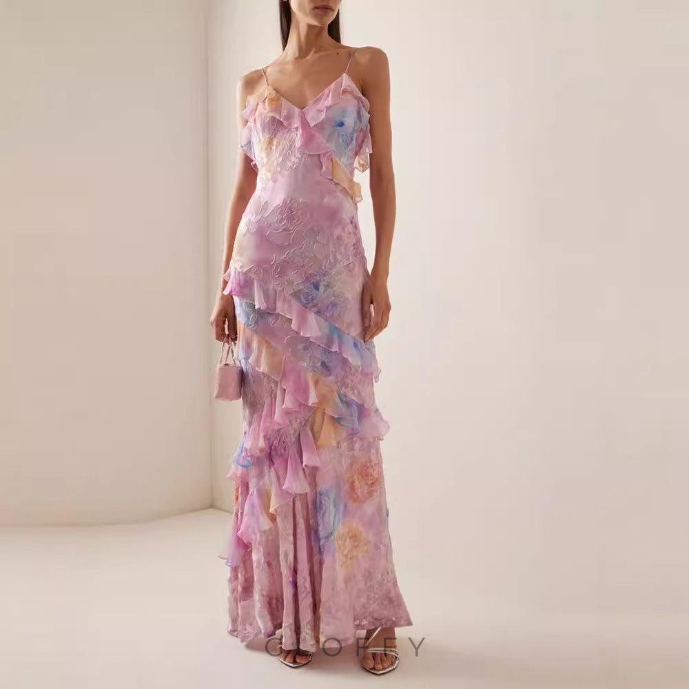 Virginia Çiçekli Volanlı Maxi Elbise