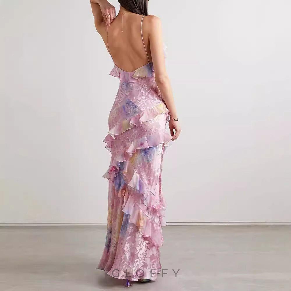 Virginia Çiçekli Volanlı Maxi Elbise