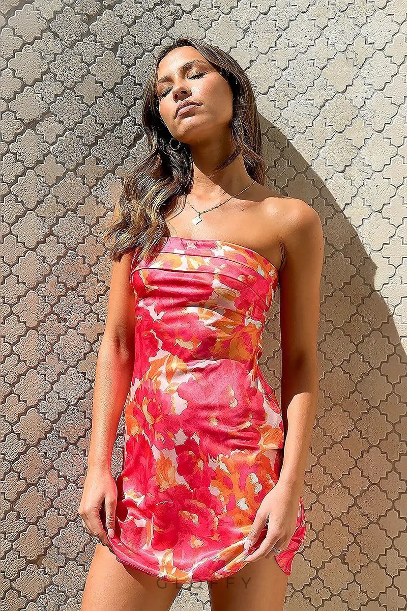 Miya Pembe Kırmızı Çiçekli Mini Elbise