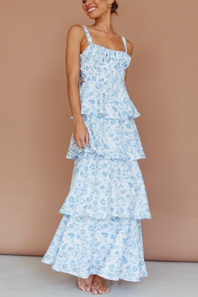 Provence Bloom Katlı Maxi Elbise - Çiçekli Mavi