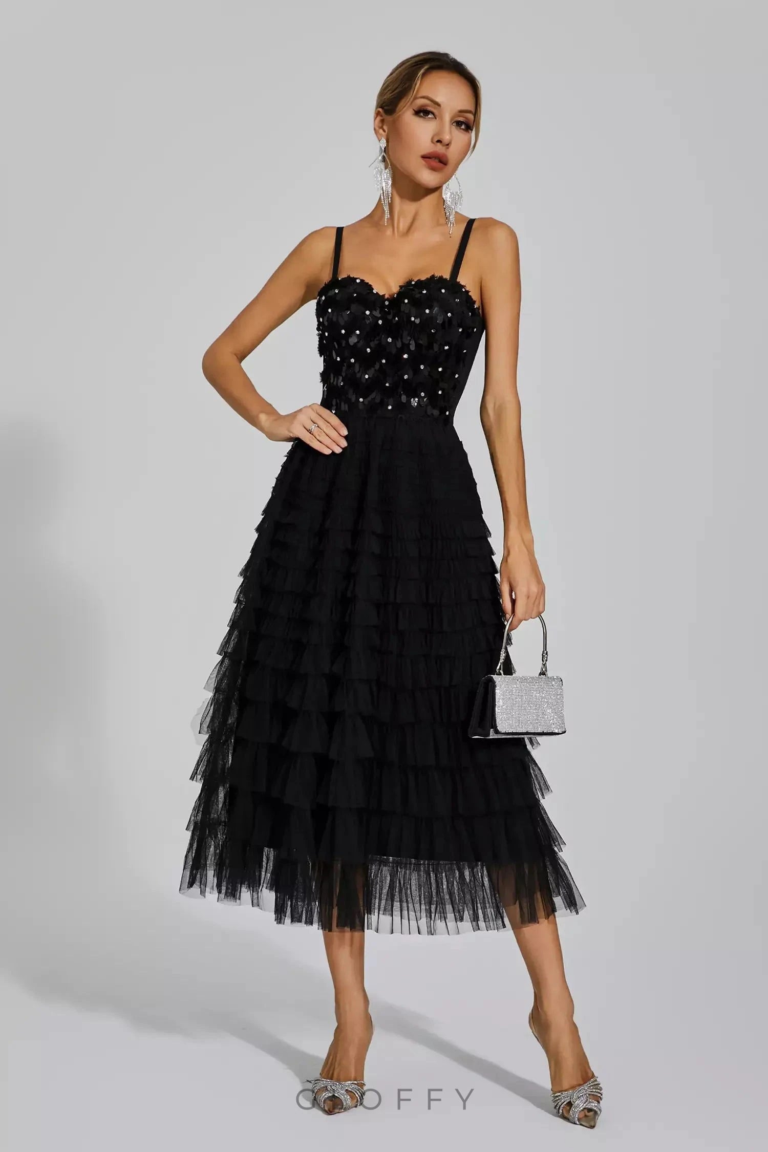 Tatiana Siyah Payetli Askılı Maxi Elbise