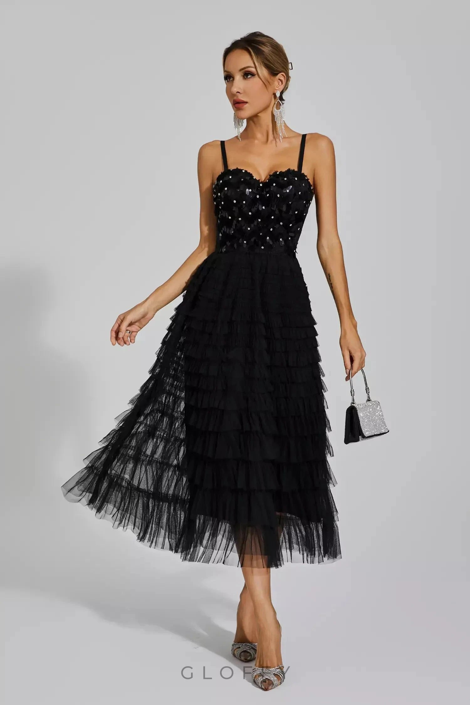 Tatiana Siyah Payetli Askılı Maxi Elbise