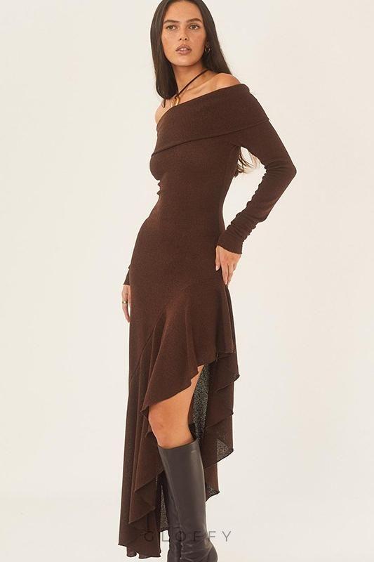 Alisa Açık Omuz Flare Midi Örgü Elbise