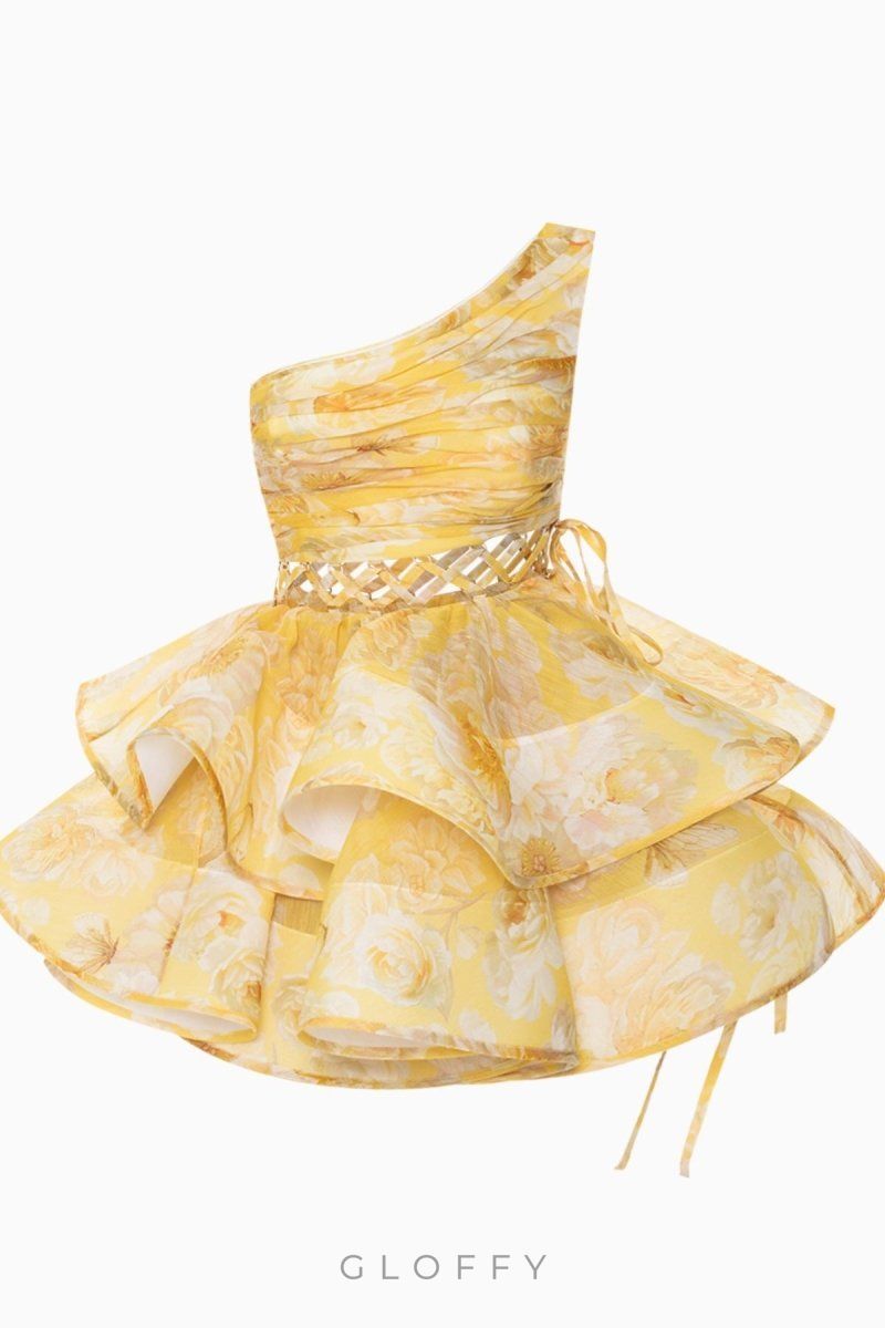 Andrea Çiçek Baskılı Tek Omuz Mini Şifon Elbise