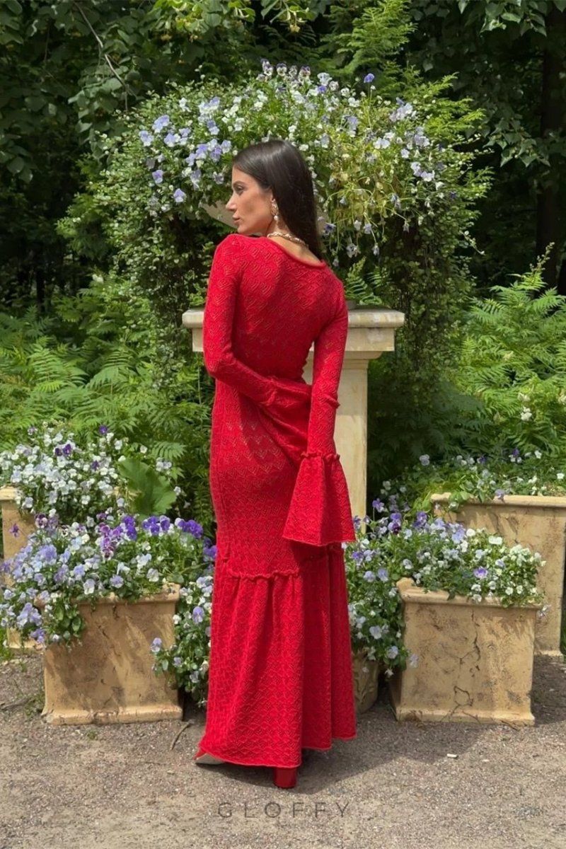 Anna Yuvarlak Yaka Kloş Manşetli Örme Uzun Elbise