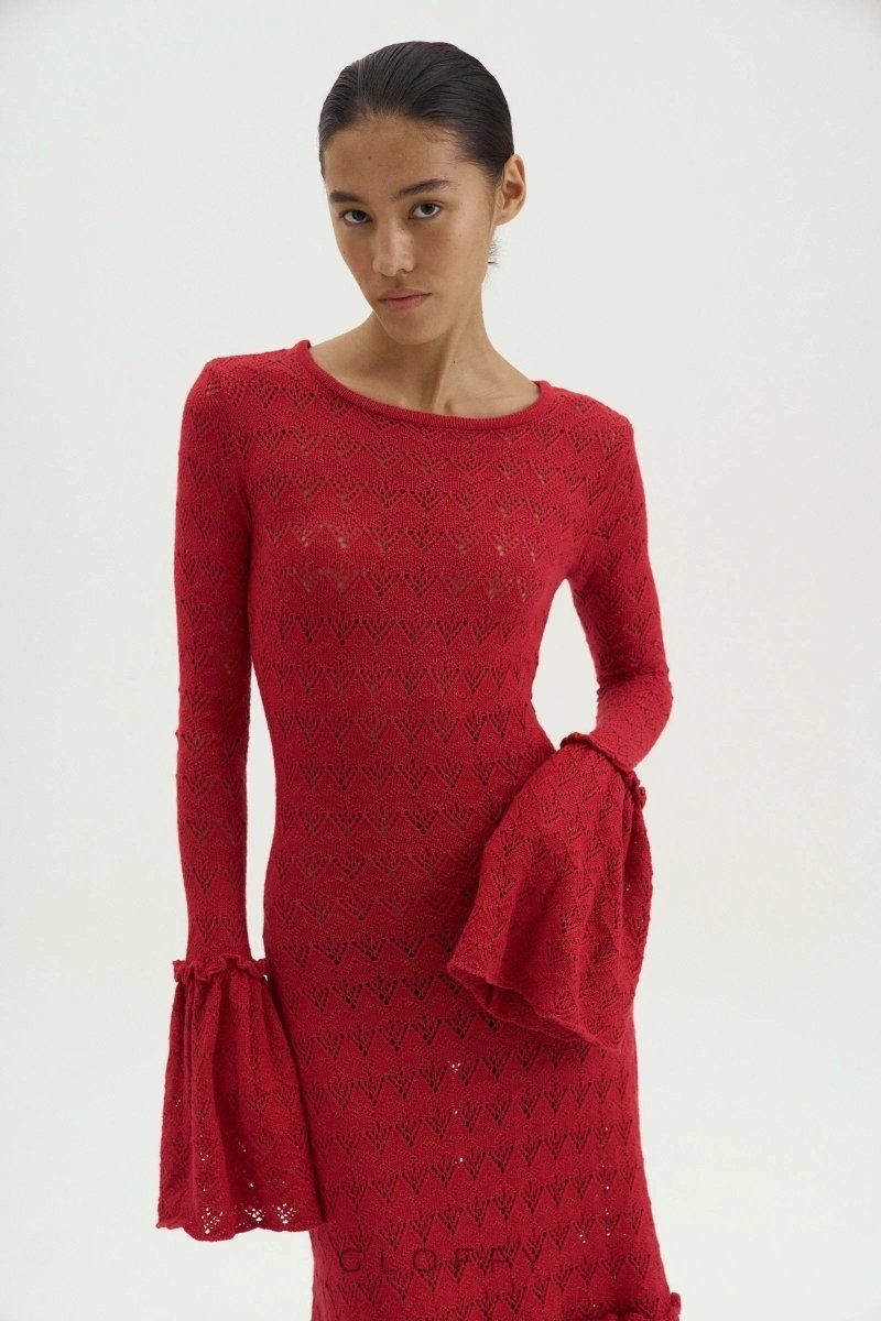 Anna Yuvarlak Yaka Kloş Manşetli Örme Uzun Elbise